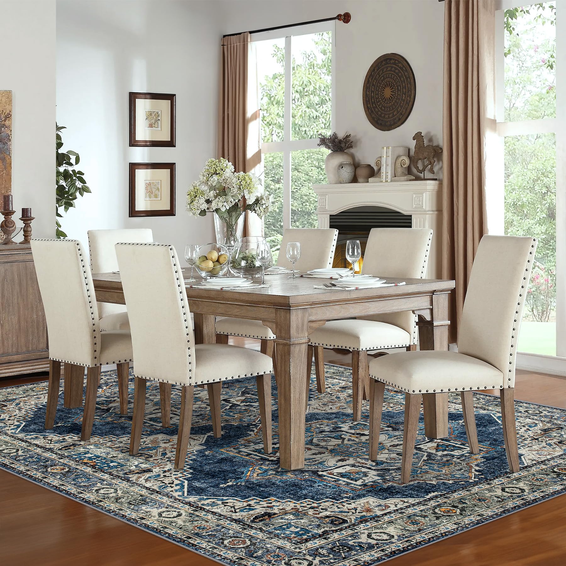 Area Rug Living Room Rugs, 8x10 Machine Washable Rug, Boho Large Rug with Non-Slip Rubber Backing, Non-Shedding Stain Resistant, Indoor Carpet for Bedroom Dining Room Nursery Home Office (Blue)