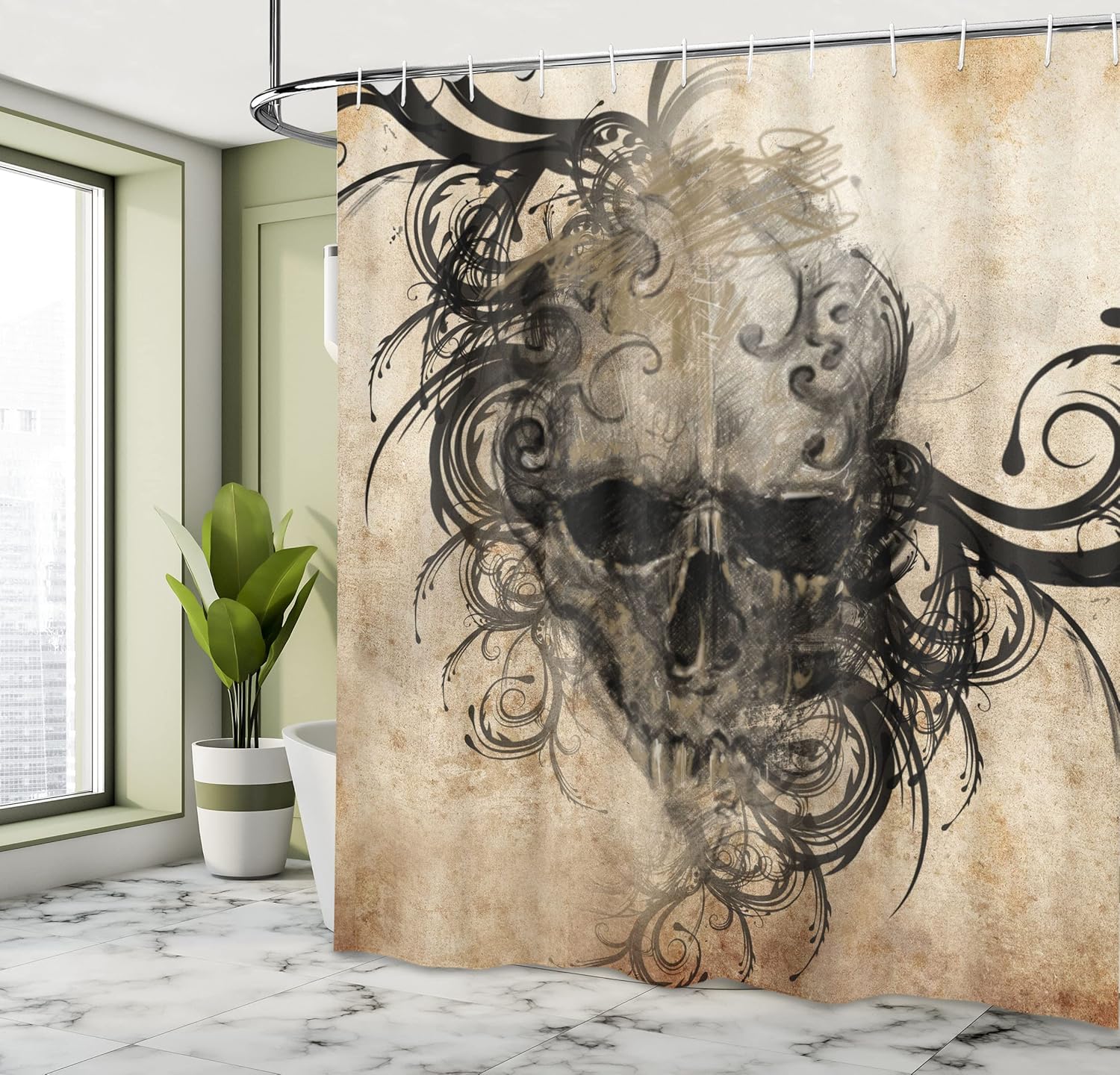 Ambesonne Tattoo Shower Curtain, Handmade Image of a Skull with Tribal Floral Like Designs Around Print, Cloth Fabric Bathroom Decor Set with Hooks, 69" W x 70" L, Black Brown