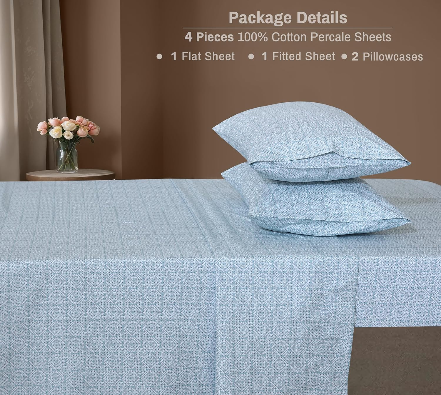 ZOYER 100% Cotton Sheets – Queen Size Percale Bedding, Cooling & Breathable, Durable with a Crisp, Soft & Comfortable Feel, 16" Deep Pocket, 4-Piece Set, Teal Geo