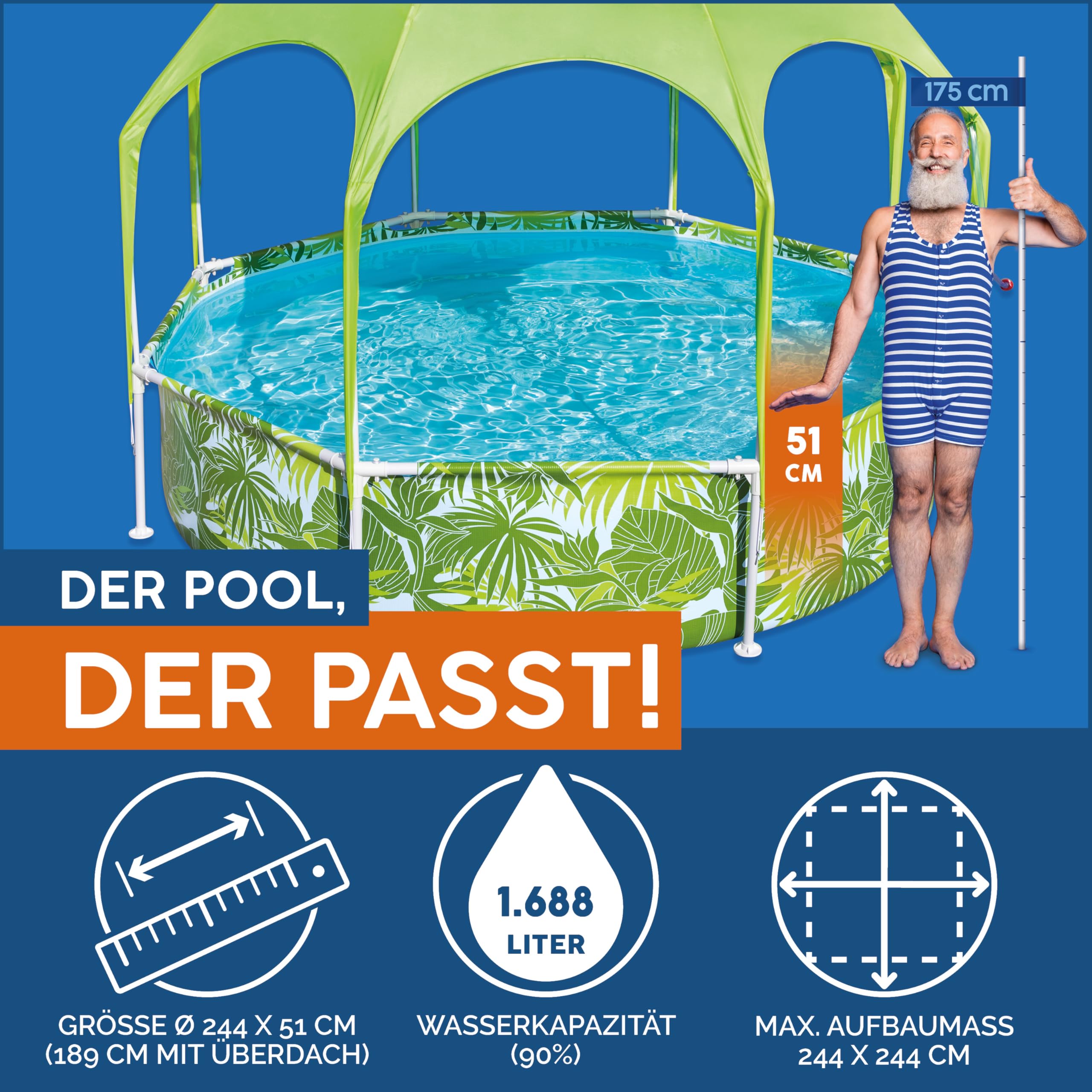 Bestway Steel Pro Frame Pool mit Sonnenschutzdach 244x51 cm – Runder Gartenpool mit Sprinkler & UV-Schutz, Aufstellpool für Kinder & Familie, Grünes Blätter-Design Sommer