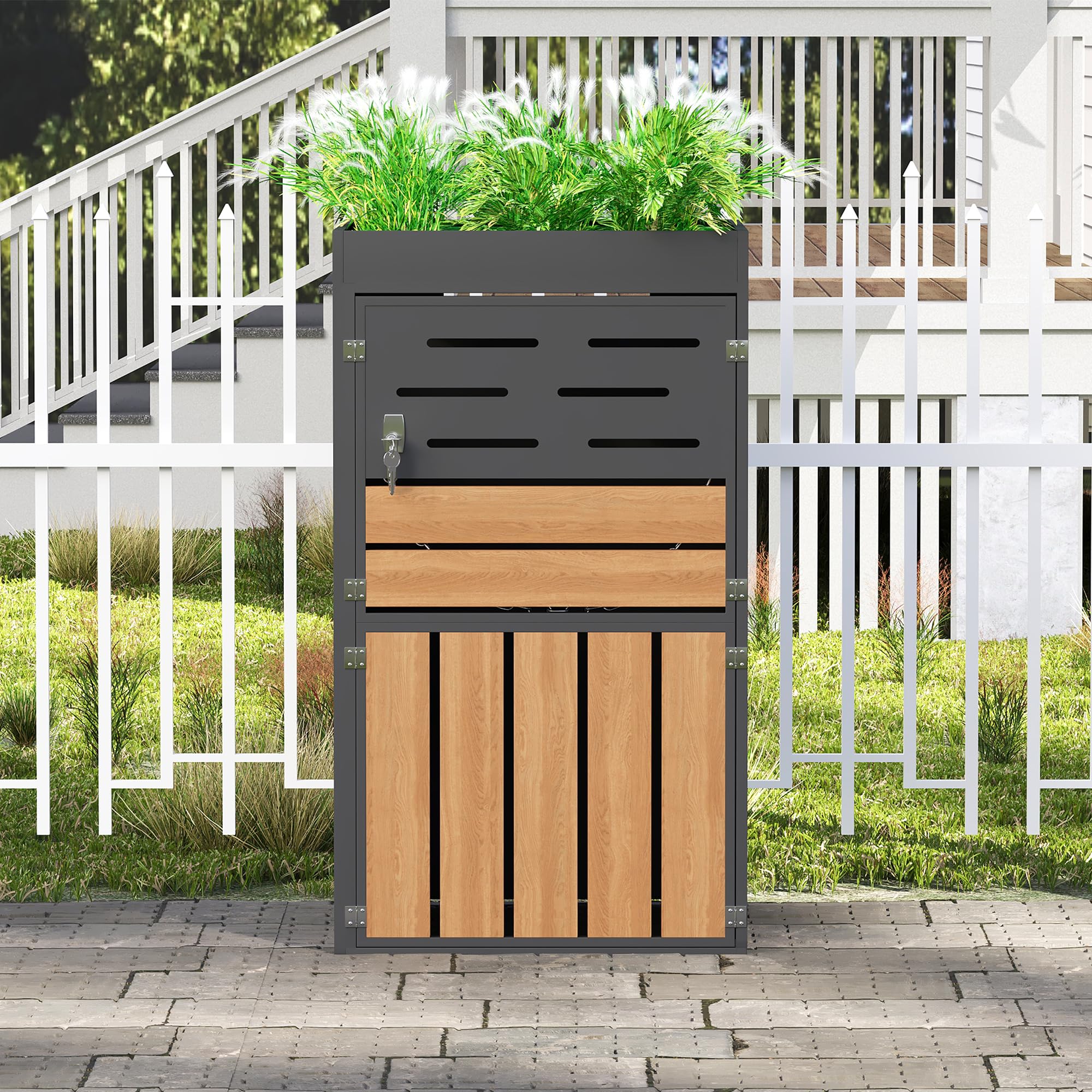 REXO Armario exterior multifuncional, jardinera integrada, rejilla de ventilación, marco de acero galvanizado, puertas con cerradura, cadena de seguridad, para almacenamiento y decoración de jardín