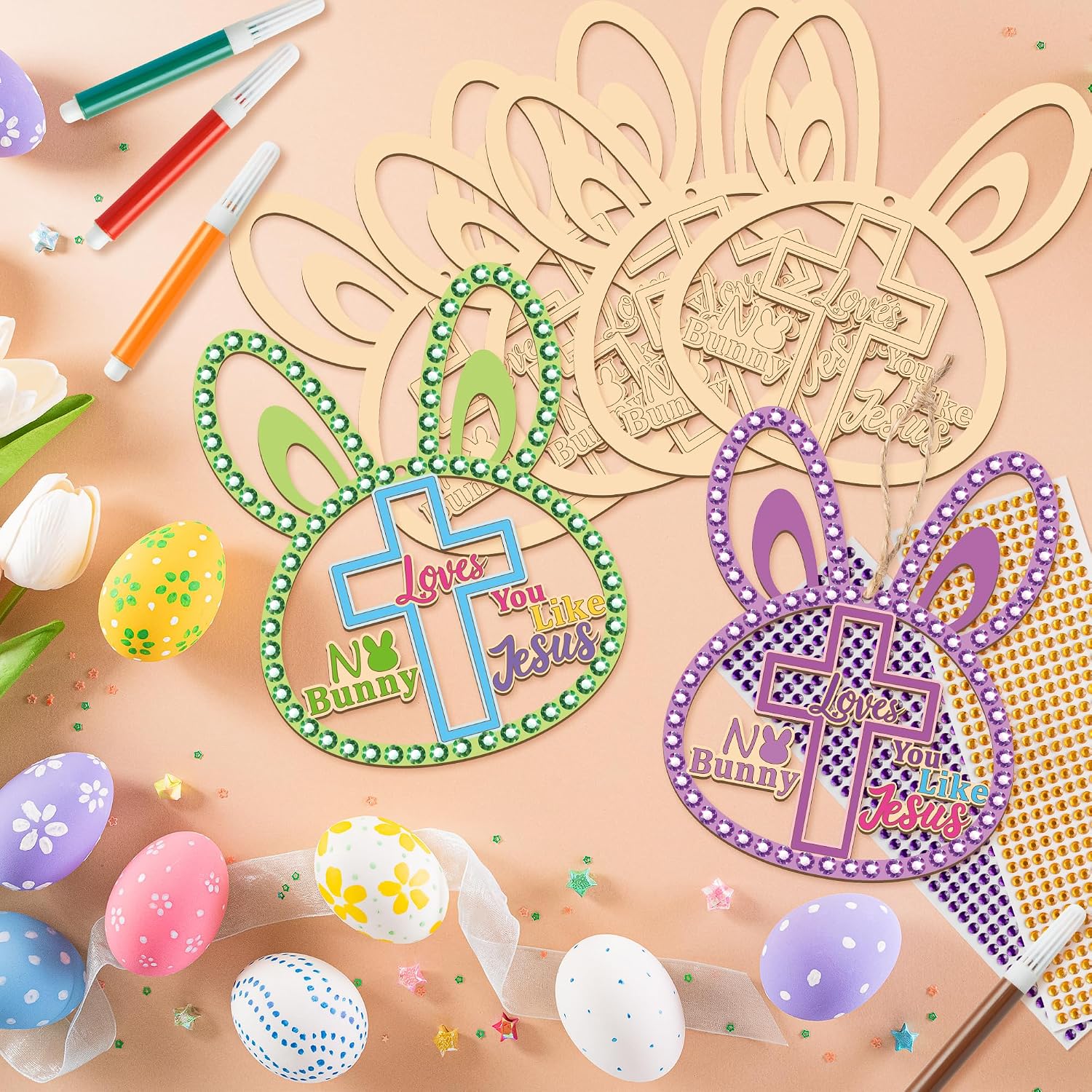 BeYumi Easter Wooden Ornament Craft - 20Pcs NO BUNNY LOVE YOU LIKE A JESUS DIY Wooden Easter Ornaments Craft Kit for Kids Make Your Own Christian Religious Bunny with Gem Sticker Church Party Supplies image 4