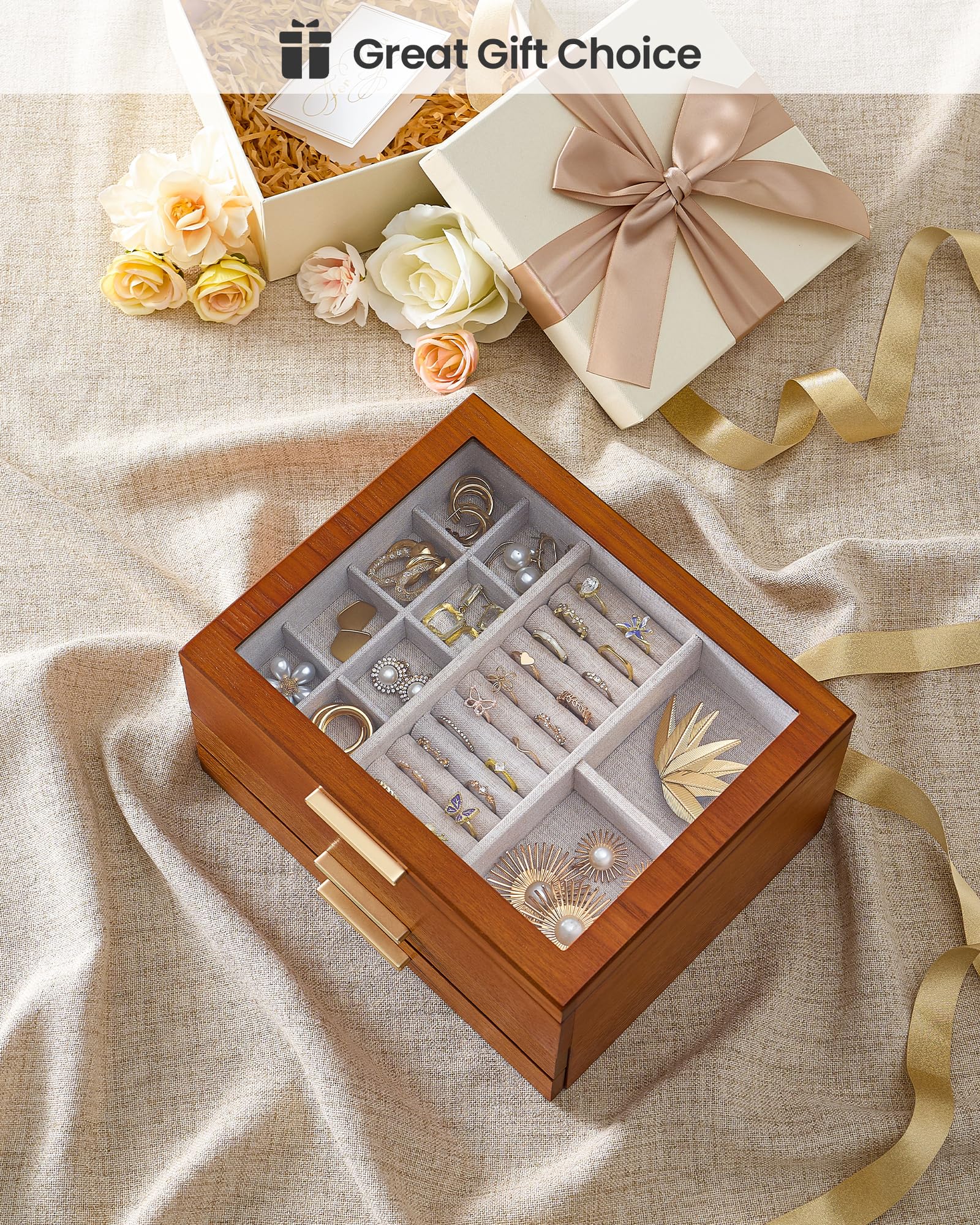 Lolalet Joyero de Madera, Cofre Organizador con Ventana Transparente, Caja para Collares, Pulseras, Pendientes y Anillos -Caja Elegante para Regalo y Almacenamiento– Cereza, 4 Capas