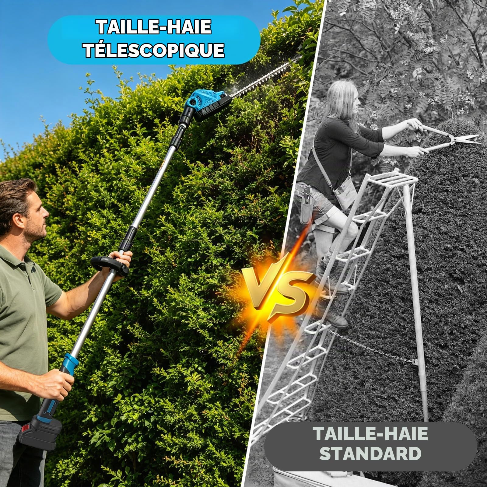 Taille Haie Télescopique sans Fil 550W 22000 TR/Min, 16" Lame Double Action, 2×2,0Ah Batterie & Chargeur Rapide, Tête 90° 2,8m/9 Pieds Taille Haie Batterie pour Taille des Haies
