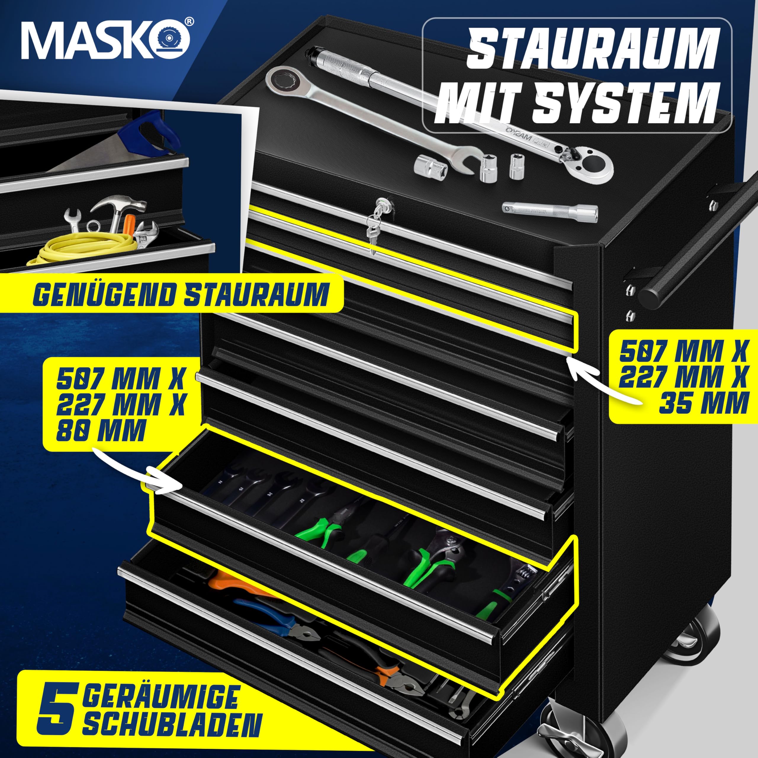MASKO® carro de taller – 7 cajones, color negro, con cerradura, metal macizo, móvil sin herramientas, profesional de taller sin equipamiento, carrito con ruedas