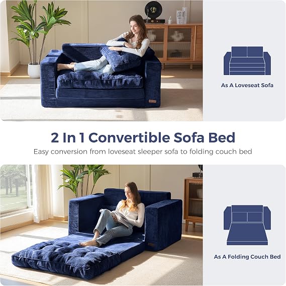 MAXYOYO Sofa Bed, Loveseat Sofa Convertable with 2 Pillows, 2 in 1 Comfy Corduroy Sofa 2 Seater, Floor Lounger Pull Out Sleeping Area 101x196CM, 15cm Thincken Foam