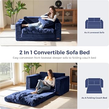 MAXYOYO Sofa Bed, Loveseat Sofa Convertable with 2 Pillows, 2 in 1 Comfy Corduroy Sofa 2 Seater, Floor Lounger Pull Out Sleeping Area 101x196CM, 15cm Thincken Foam
