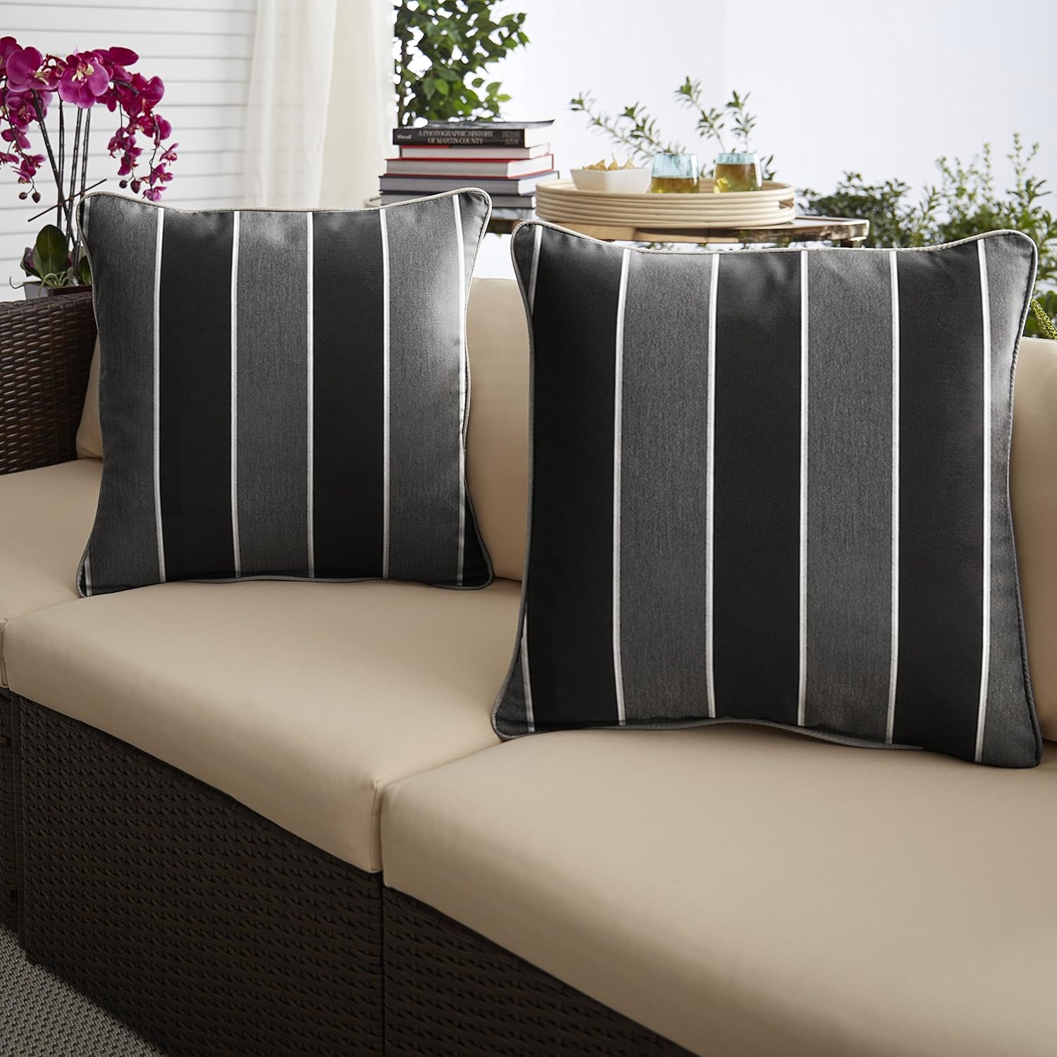 Sorra Home x Sunbrella - Indoor/Outdoor Square Pillows (Set of 2), Black & Grey Stripes