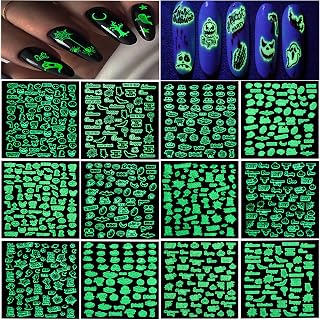 12 PCS Halloween Iuminous Nail Art Stickers Decals,HOINCO 3D Self-Adhesive Glow In The Dark Nail Decals Skull Pumpkin Ghost Design Nail Stickers Foils for Halloween Nail Art DIY Decoration
