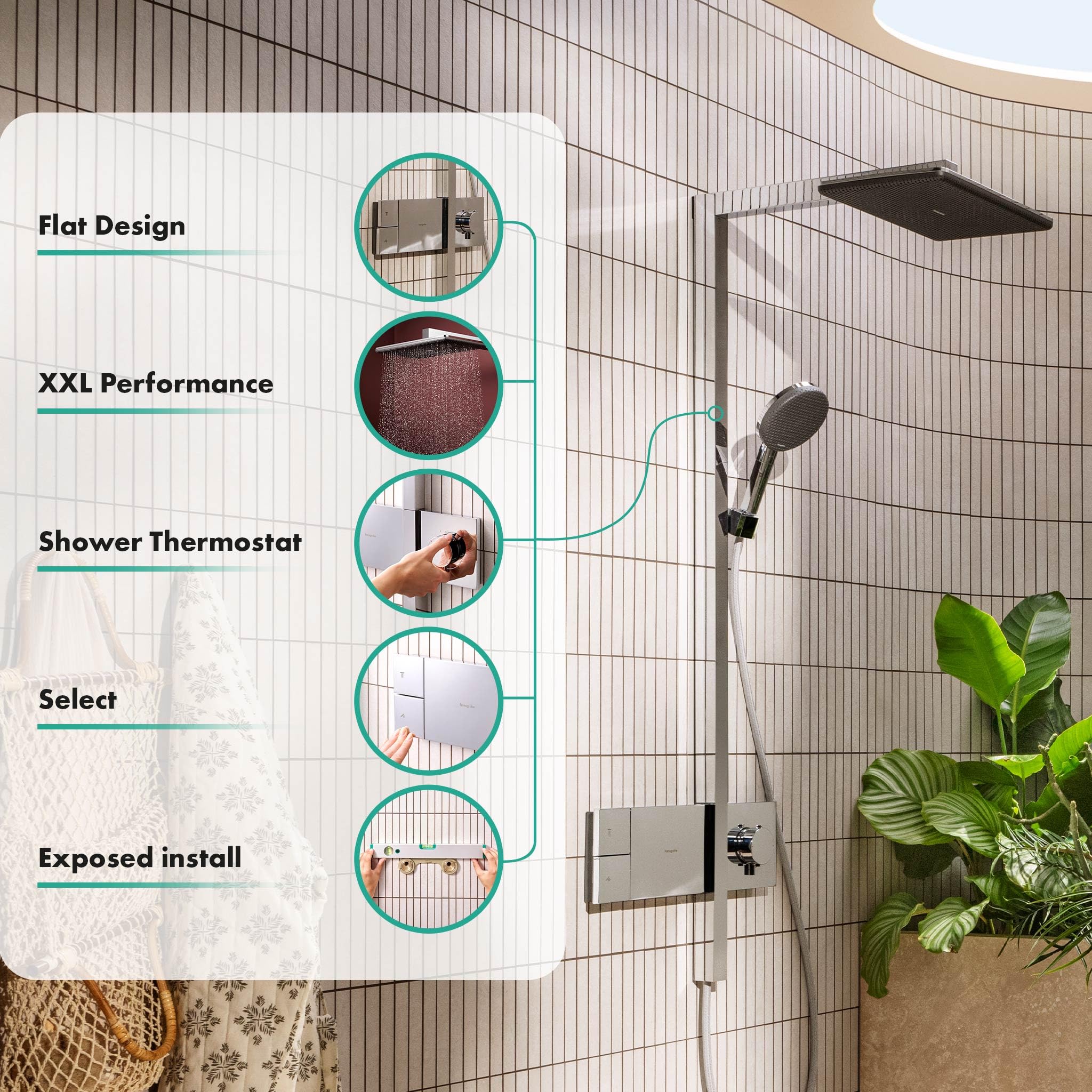 hansgrohe Raindance Alive Q - komplet prysznicowy z termostatem, zestaw prysznicowy z główką prysznicowa 3-strumieniowa (PowderRain), wąż, szyna i deszczownica (340 x 210 mm), chrom, 24580000