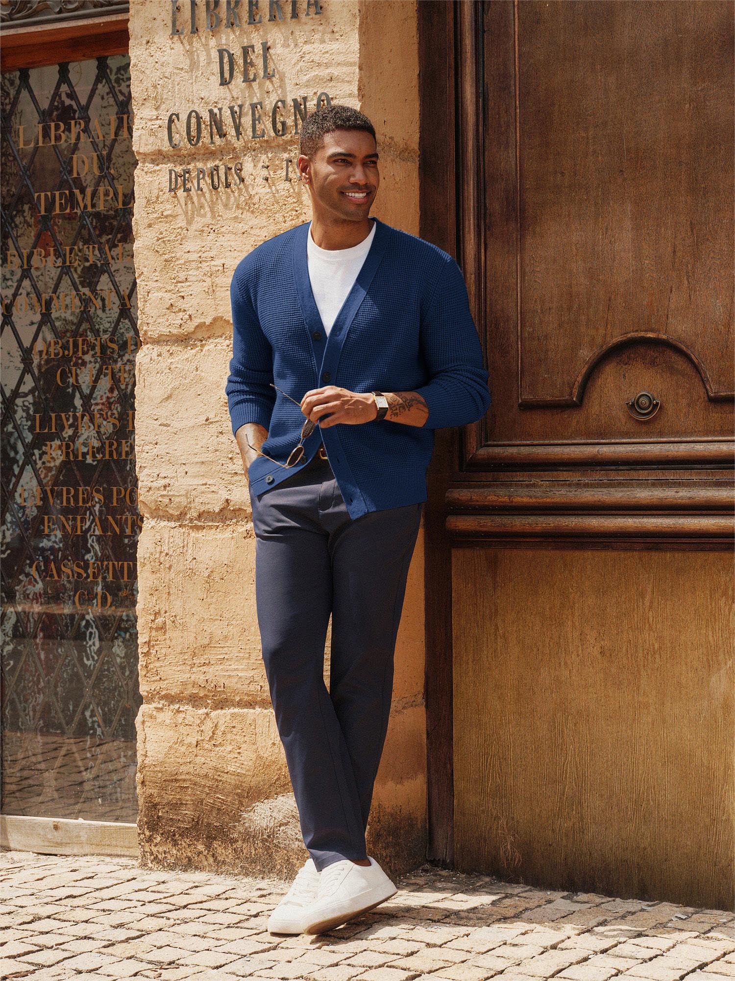 PJ PAUL JONES Cardigan gaufré pour homme - Manches longues - Col en V - Bouton Down