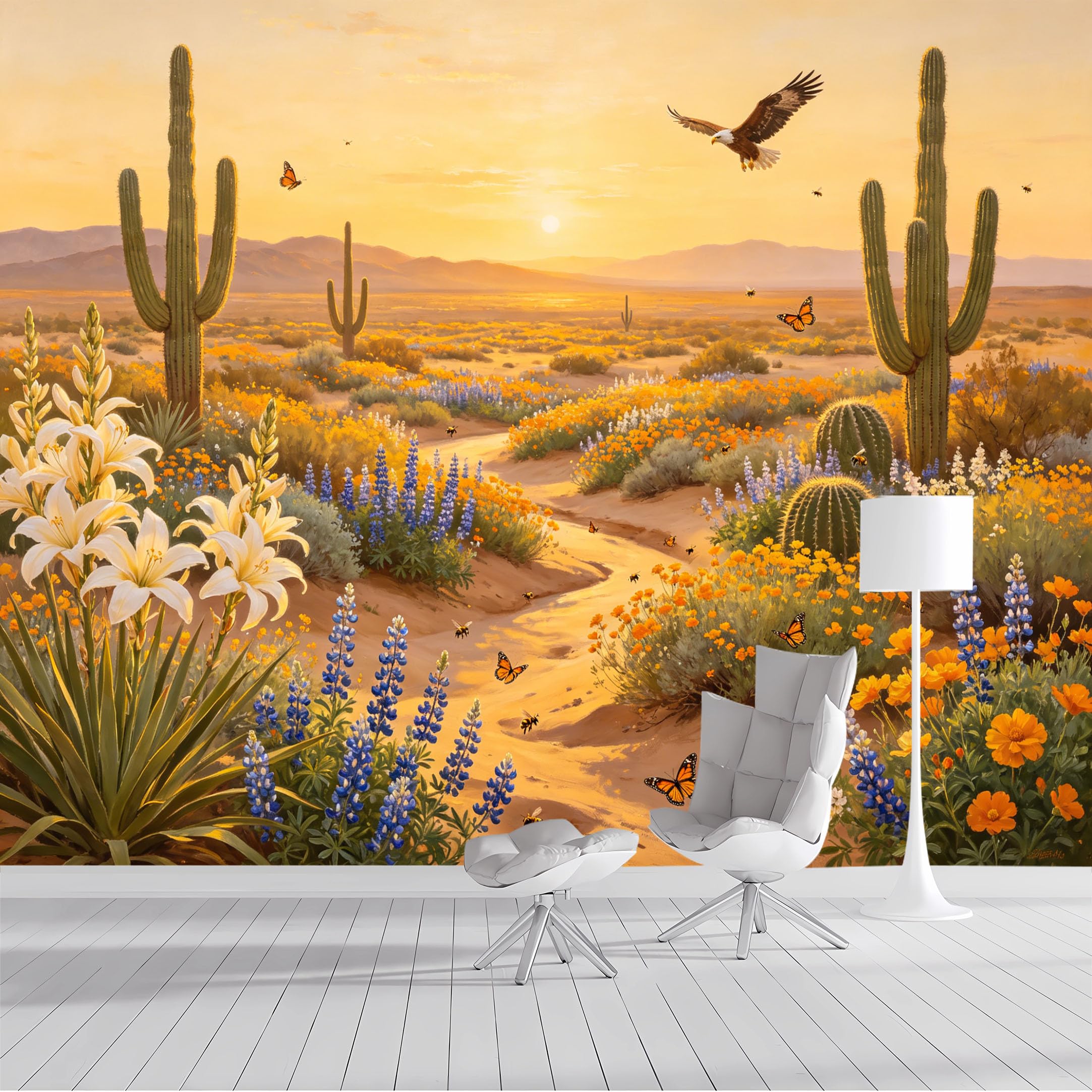 Custom Size Wall Mural Desert Landscape Saguaro Cactus Wildflowers Monarch Butterfly Eagle Oil Painting SelfAdhesive Wall Fabric Removable Wallpaper for Living Room Bedroom Bathroom
