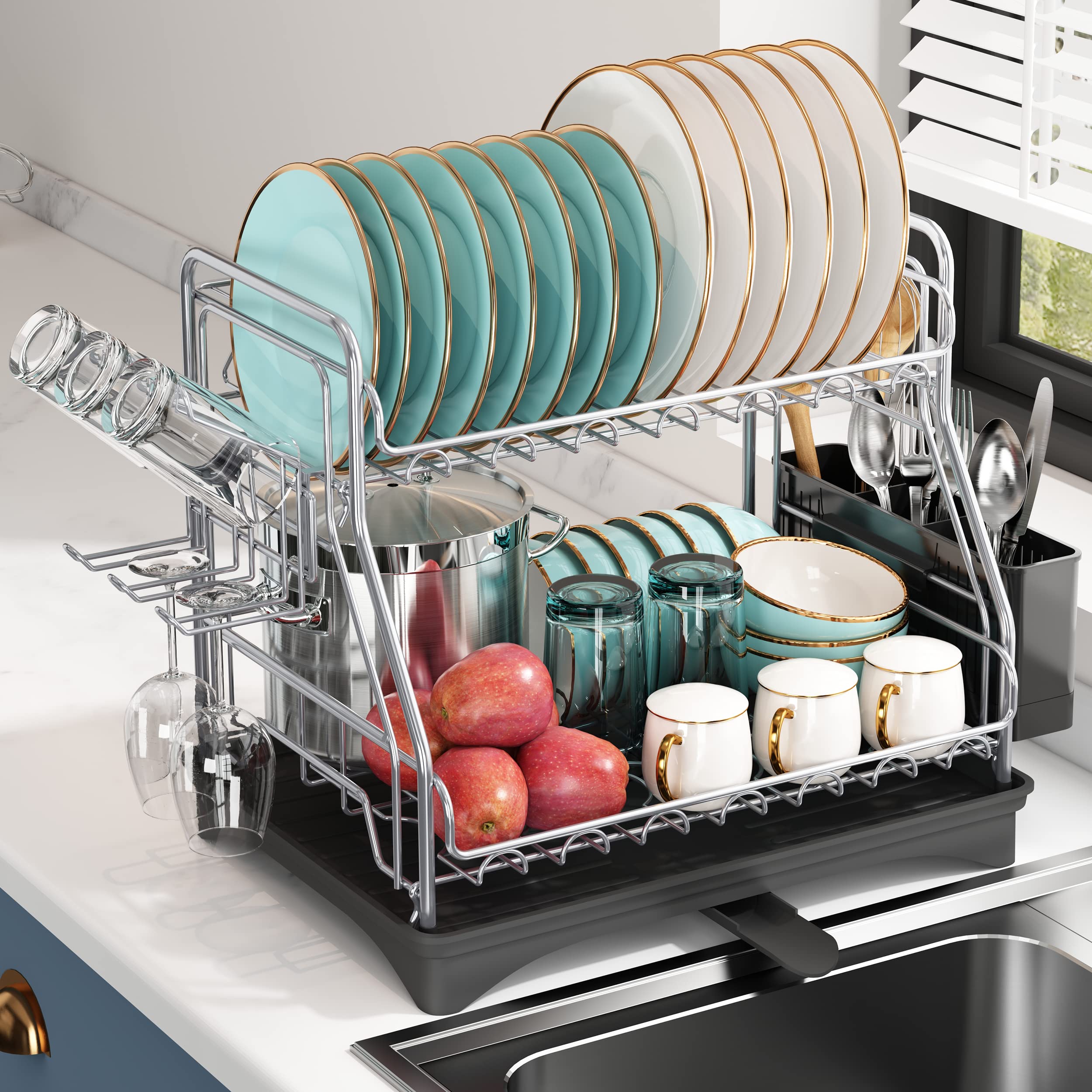 romision Large Dish Drying Rack, 2 Tier Dish Racks and Drainboard Set with Utensil Holder, Dish Drainer for Kitchen Counter, Grey