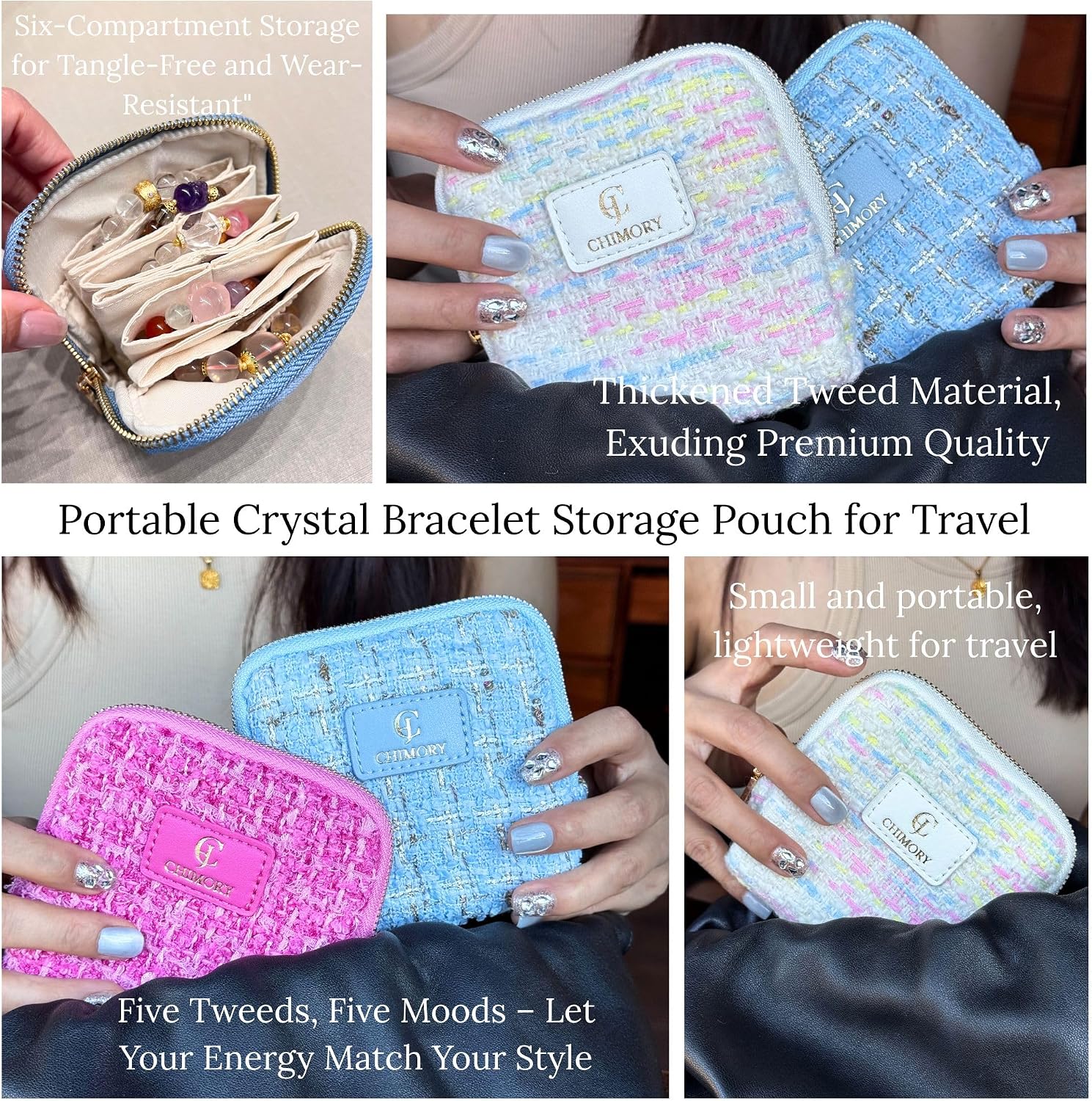 2026 New Travel Jewelry Case – Jewelry Organizer Travel for Rings, Bracelets, & Bangles with Smooth Metal Zipper, Elegant Jewelry Roll for Journey, Crystal Jewelry Storage Pouch, Mini, Tweed Blue