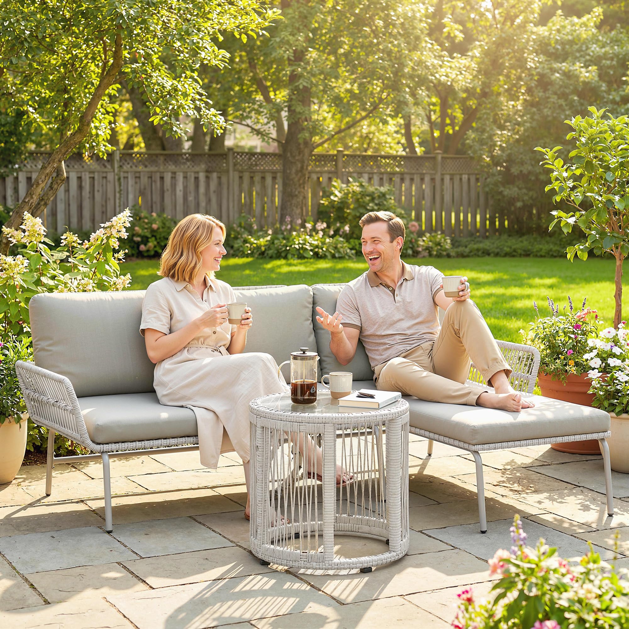 Outsunny Polyrattan Gartenmöbel Set 3-teilig, Lounge Set mit Chaiselongue Zweisitzersofa Glastisch abnehmbar Kissen, Rattan Sitzgruppe bis 3 Personen, Lounge Möbel für Garten Terrasse Balkon Hellgrau