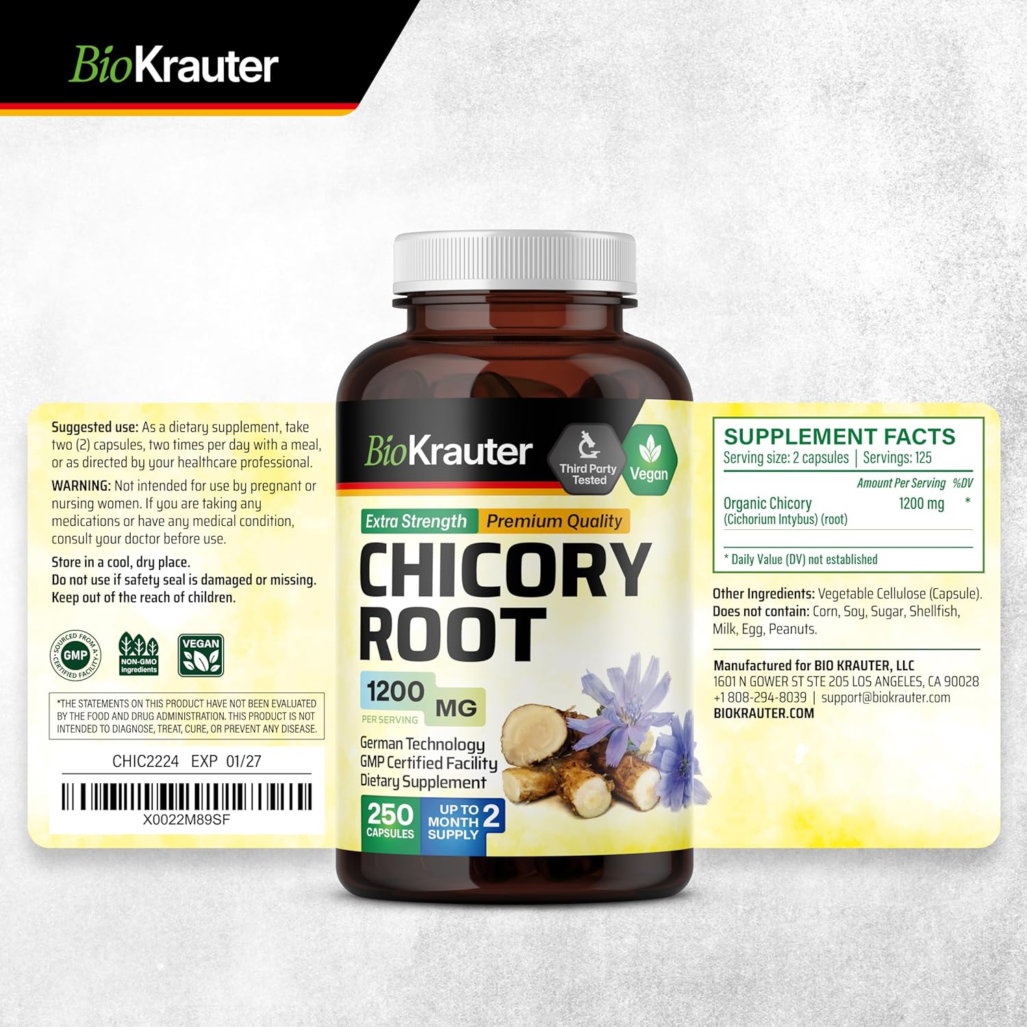 BIO KRAUTER® Chicory Root for Gut & Digestive Support - Pure Vegan Prebiotics & Fiber Supplement in Capsules 1200 mg per Serving 250 Count - No Fillers, Non-GMO - 62 Days of Supply