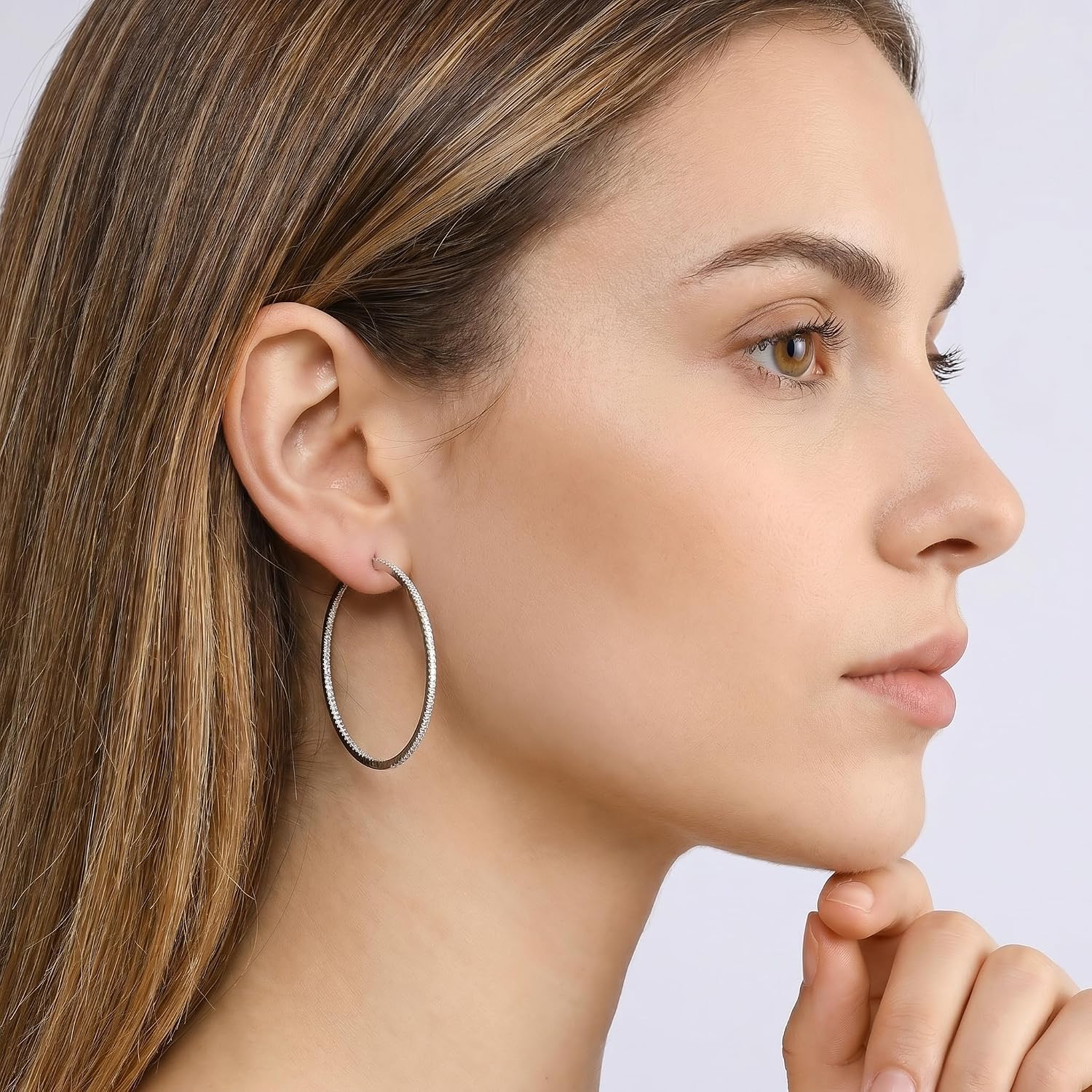 MISS MIMI Cubic Zirconia Hoop Earrings for Women, Thin Lightweight Pavé Hoops in 0.55”, 1.1” & 1.65” Sizes, Rhodium Plated with Hypoallergenic 925 Sterling Silver Posts, Sparkling Everyday Circle Earrings