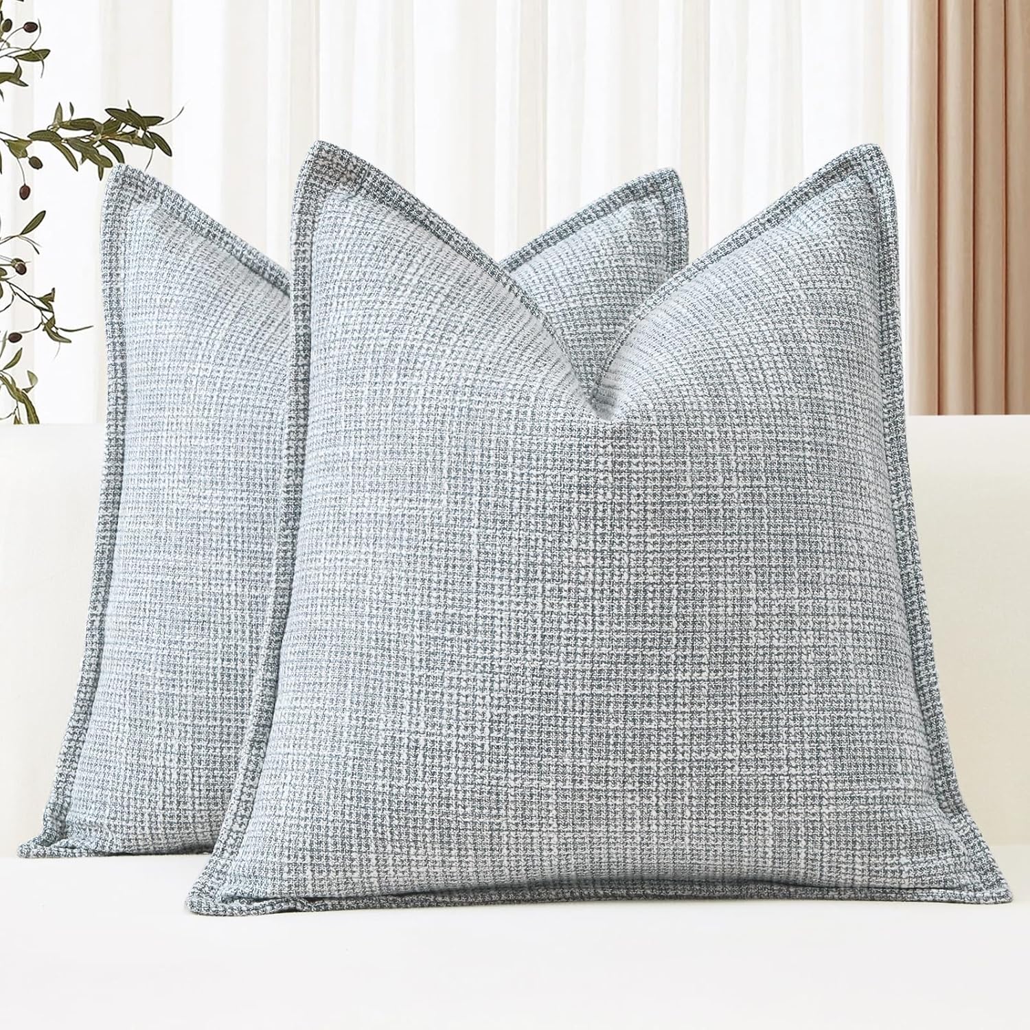 OTOSTAR Pack of 2 Blue Grey Decorative Pillow Covers 24x24 Inch Soft Linen Texture Couch Throw Pillows Farmhouse Cushion Covers with Elegant Design for Sofa Bedroom Living Room Home Decor 60 x 60 CM 24" x 24" (Pack of 2) Blue Grey