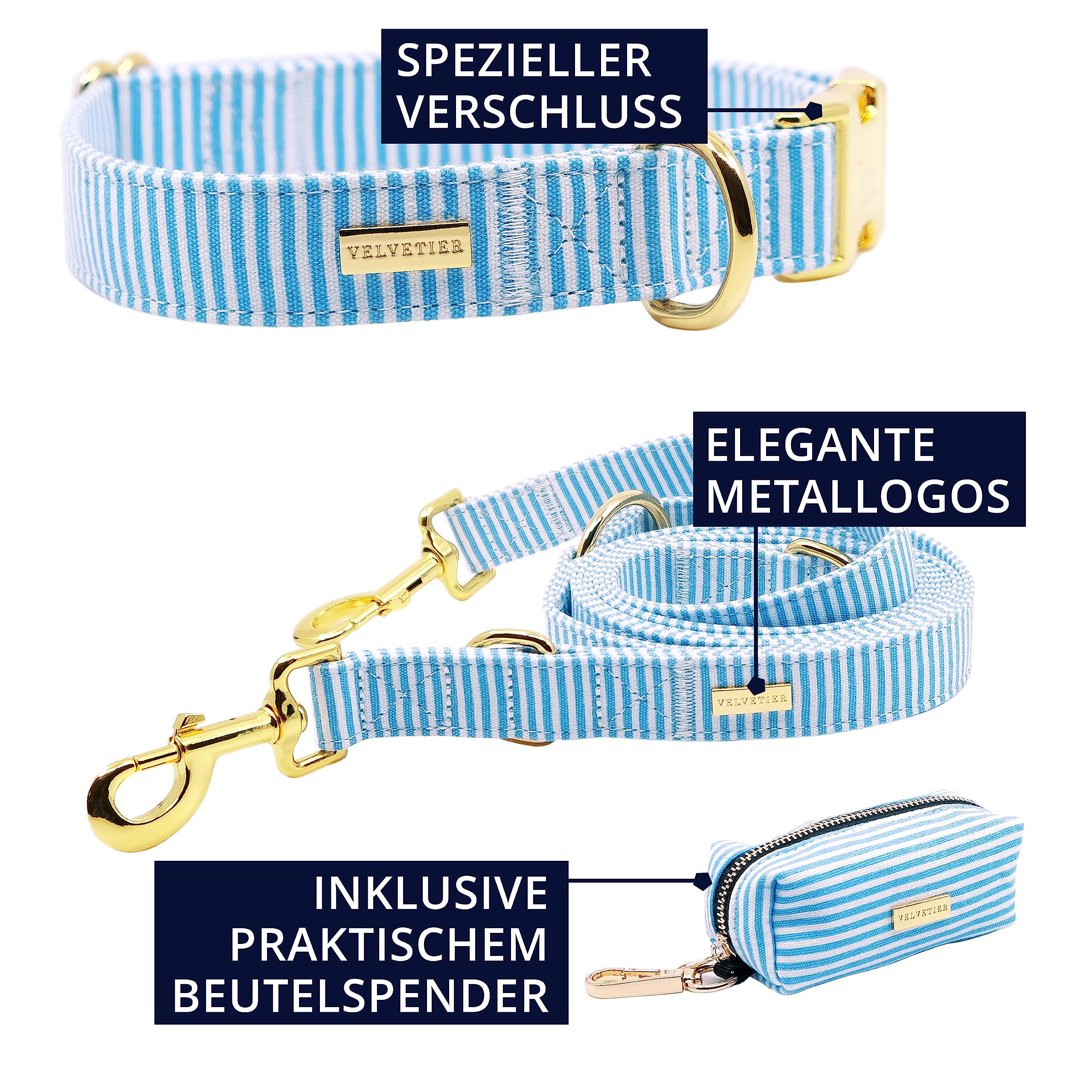 Hundehalsband Set Sailor (Blau-Weiß) mit Leine, S/M 29-40 cm