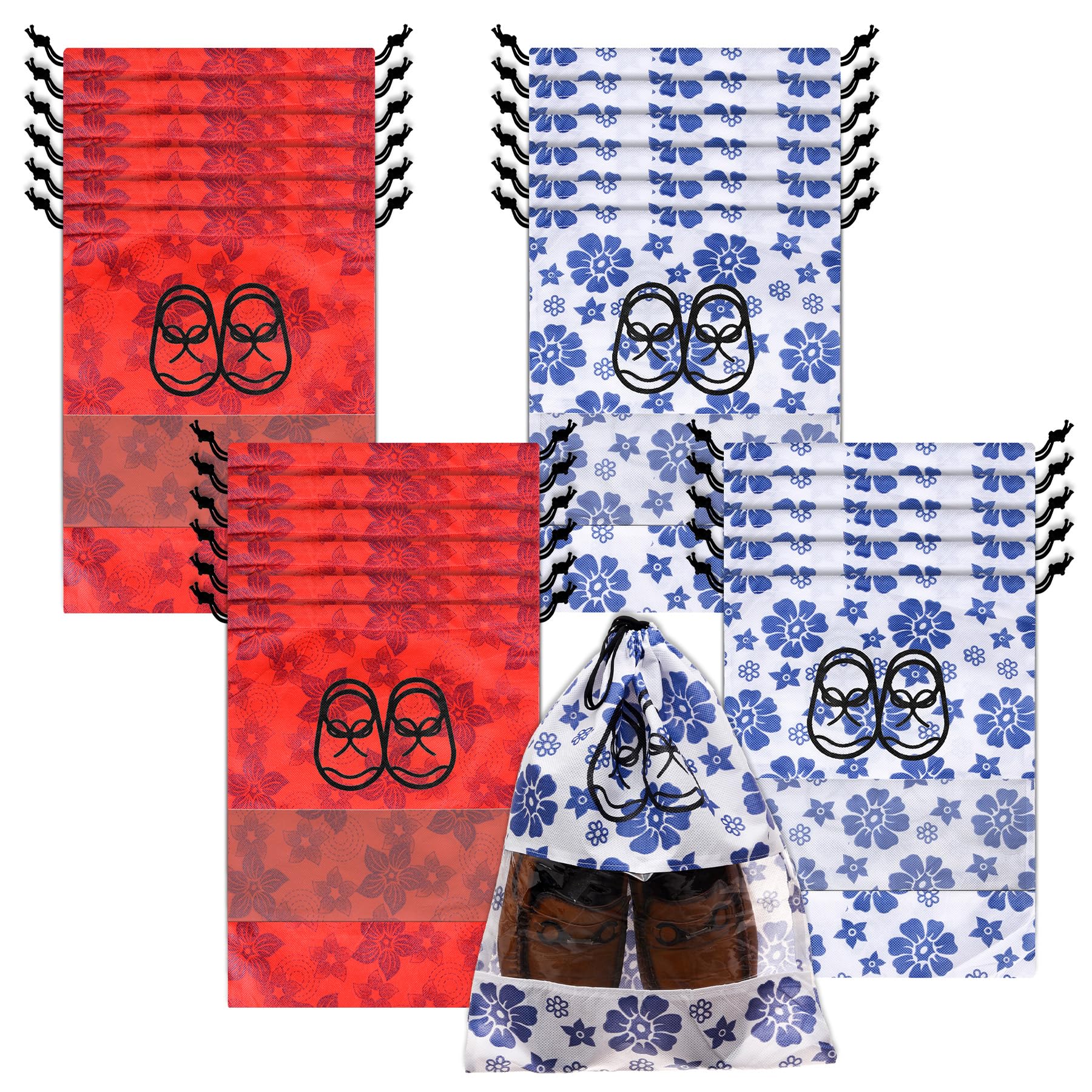 Kuber Industries Schuhüberzug | Reise-Schuhaufbewahrungstaschen | Vlies-Aufbewahrungsbeutel | Schuhüberzug mit Kordelzug | Schuh-Organizer mit transparentem Fenster | Blaues Blumen-Design | 6 Stück |