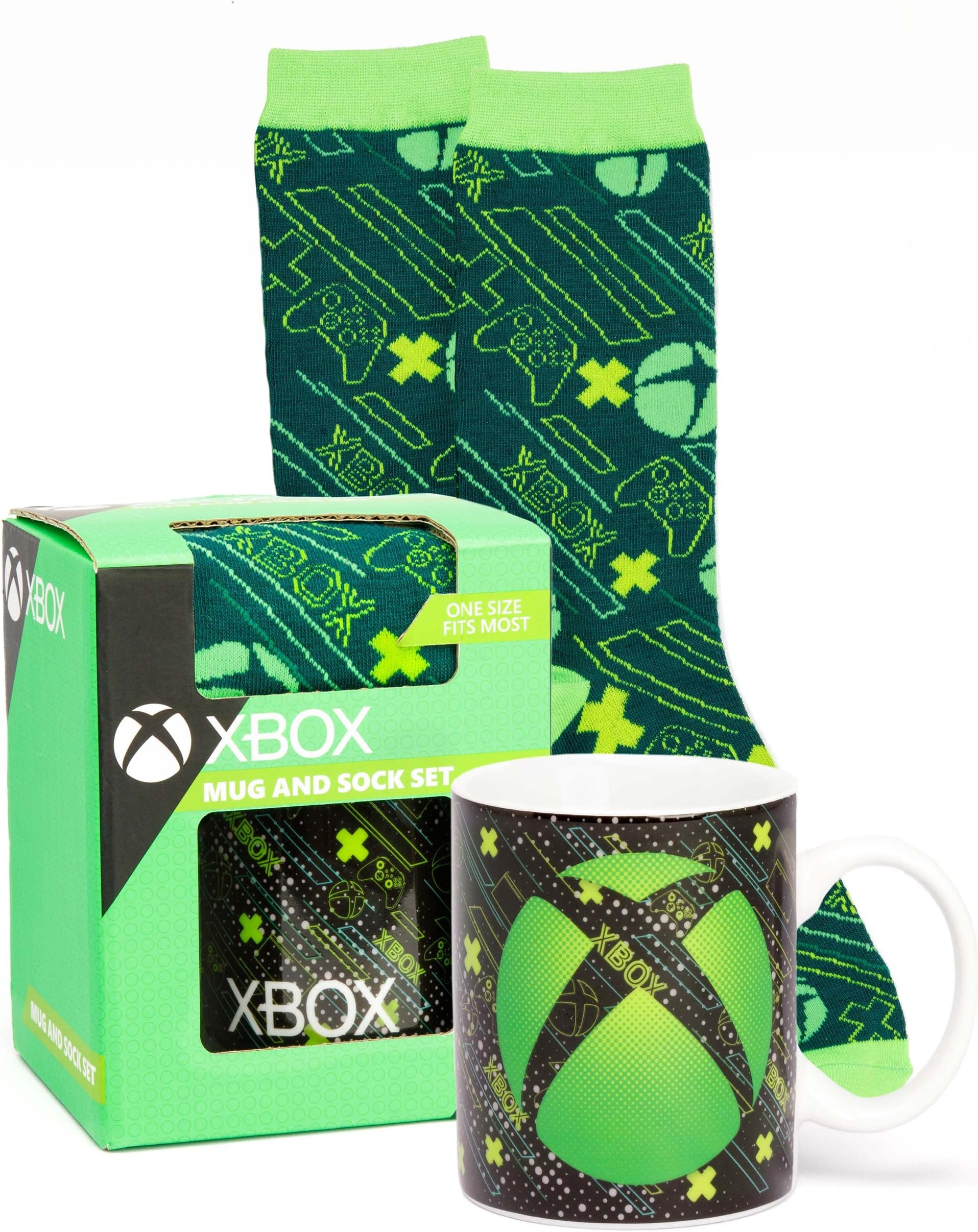 Xbox Mug and Socks for Kids | Video Game Console Logo Coffee Cup One Size Socks | Gaming Presents Birthday Christmas | Green Black Ceramic Homeware 11oz