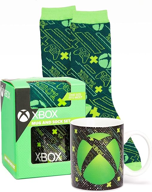 Xbox Mug and Socks for Kids | Video Game Console Logo Coffee Cup One Size Socks | Gaming Presents Birthday Christmas | Green Black Ceramic Homeware 11oz