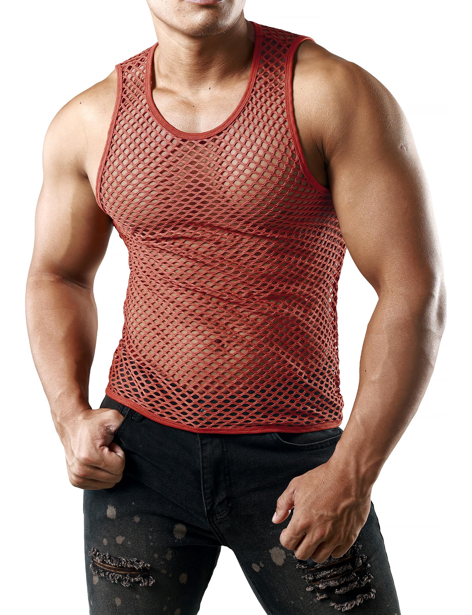 JOGAL Men's Mesh Tank Top See Through Fishnet Shirts