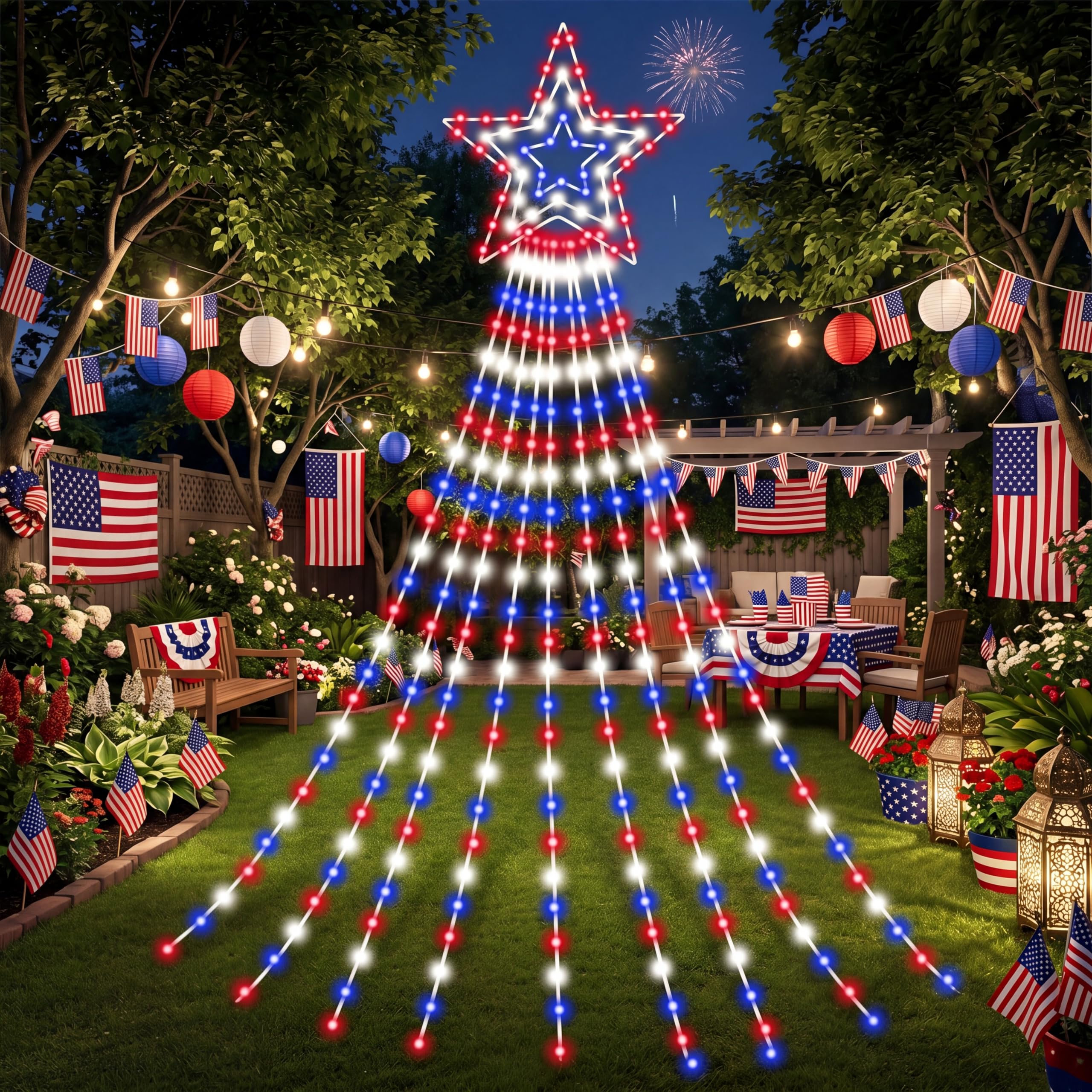Huquary Guirnalda de luces de cascada de estrella del 4 de julio de 12 pies, decoración del Día de la Independencia, rojo, blanco, azul, para exteriores, con 8 modos iluminados para fiesta patriótica