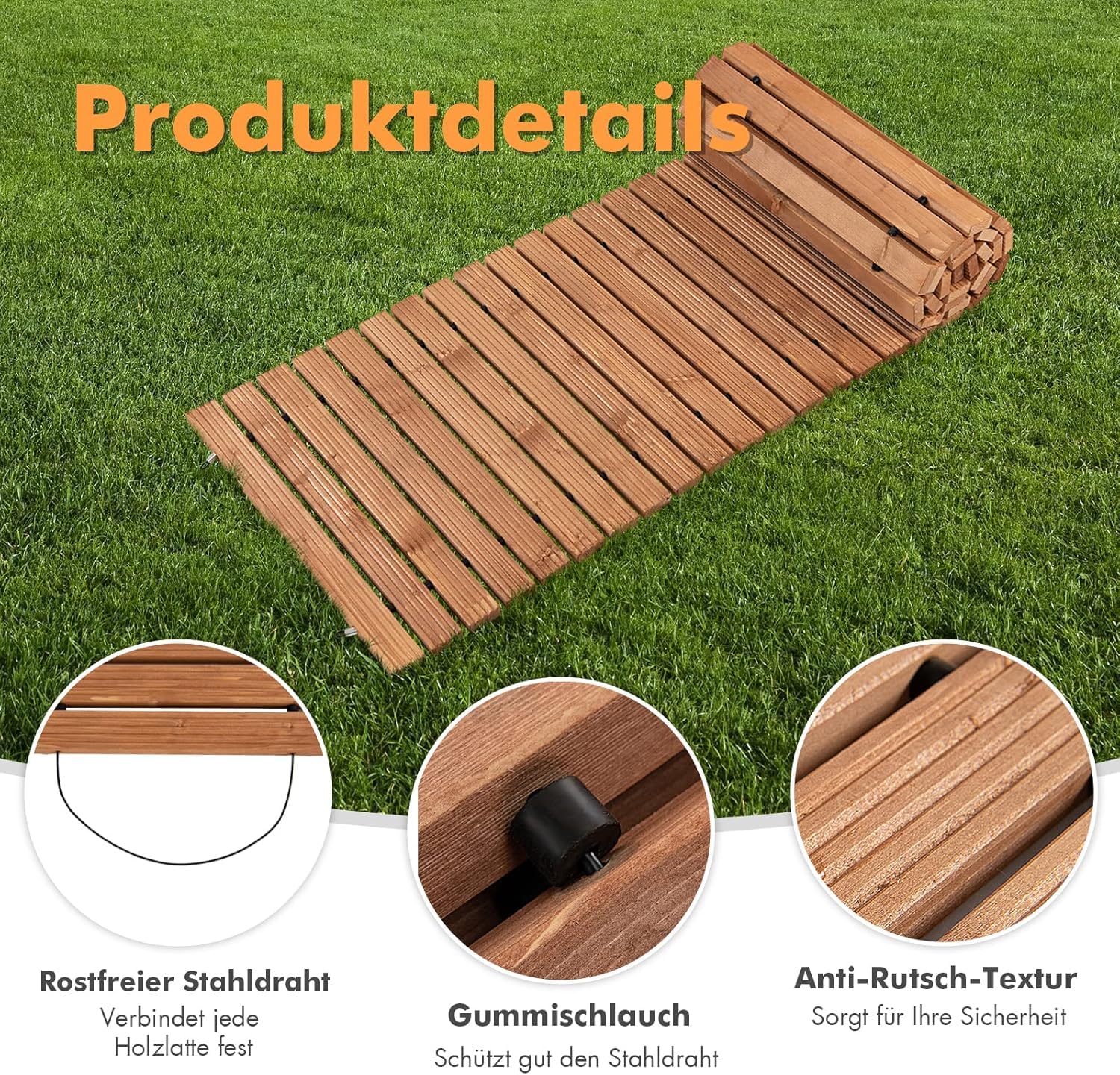FANTASK Camino de jardín Extensible de Madera, 245 cm de Ancho y 55 cm de Ancho, con Alambre de Acero, Color marrón Claro
