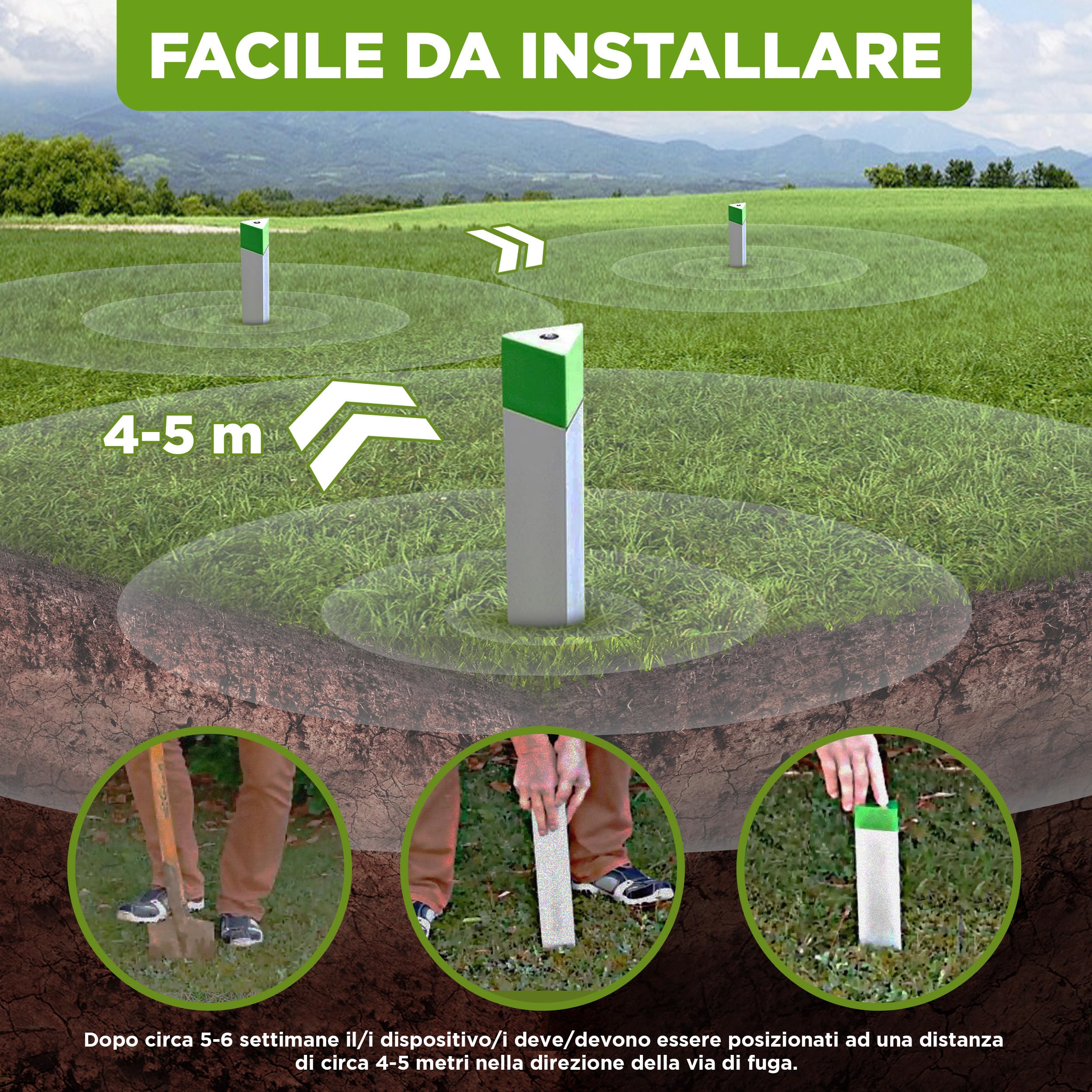 ISOTRONIC Repellente per talpe, arvicole e serpenti – Repellente per talpe a batteria con picchetto per il giardino – Area di copertura effettiva 1.250 m² (3 unità)