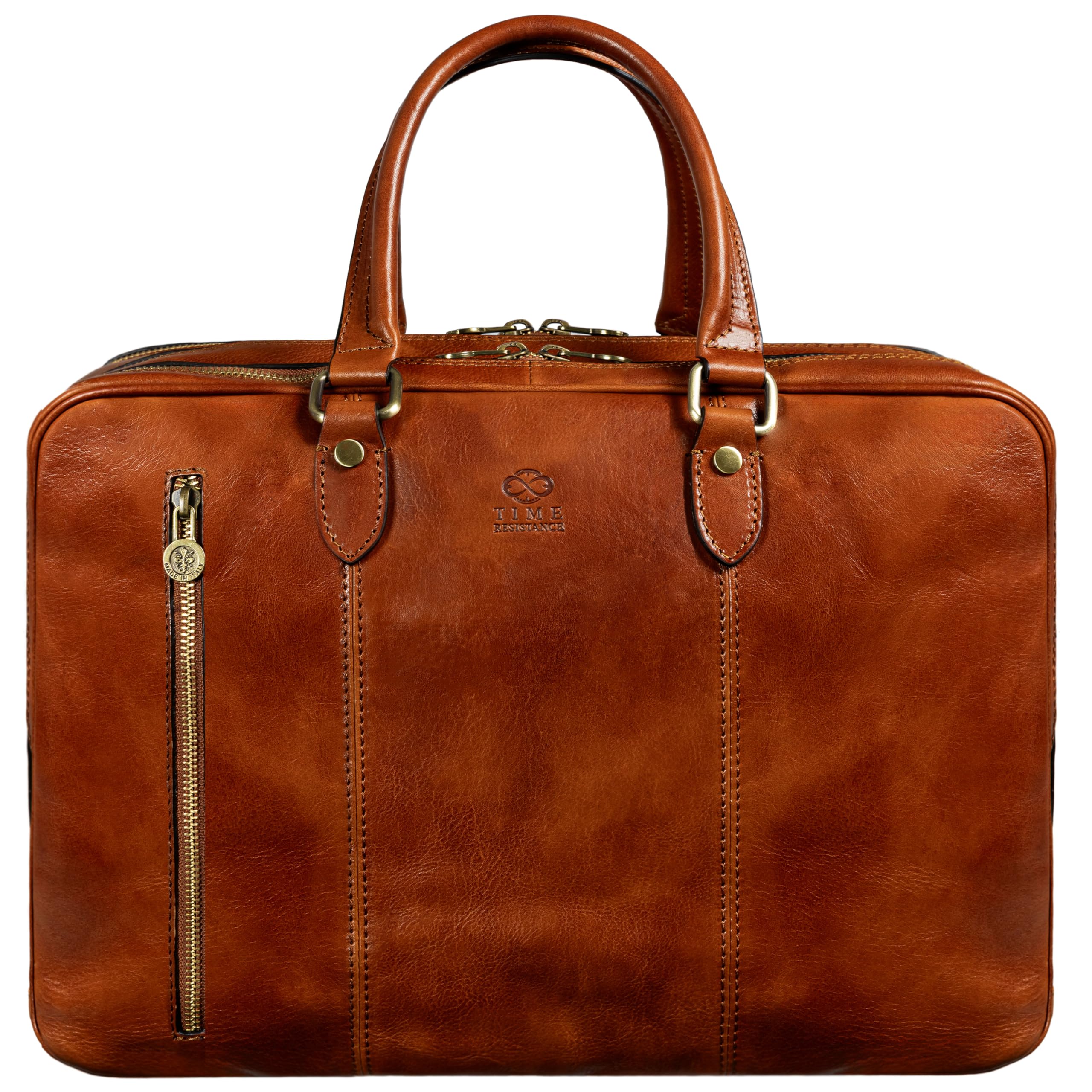 Time Resistance Leather Laptop Briefcase - Full Grain Leather Computer Bag for Men and Women (Cognac Brown)