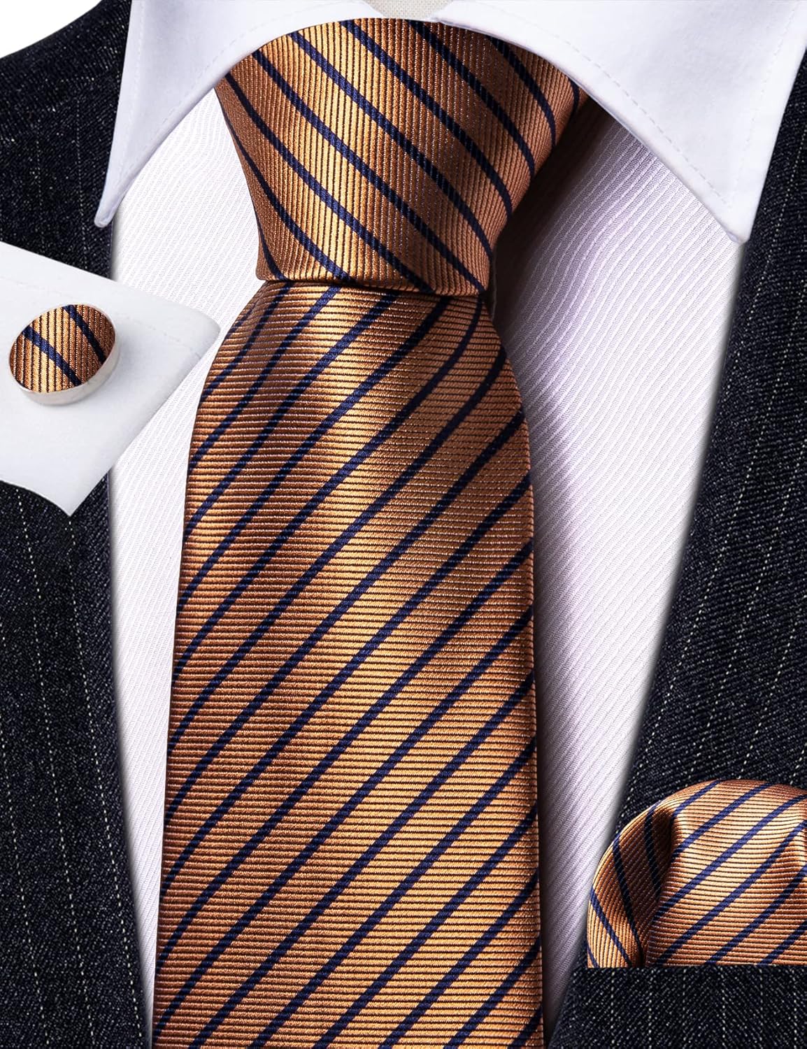 Barry.Wang Stripe Men Ties Set Classic WOVEN Necktie with Handkerchief Cufflinks Formal Coffee Light Brown
