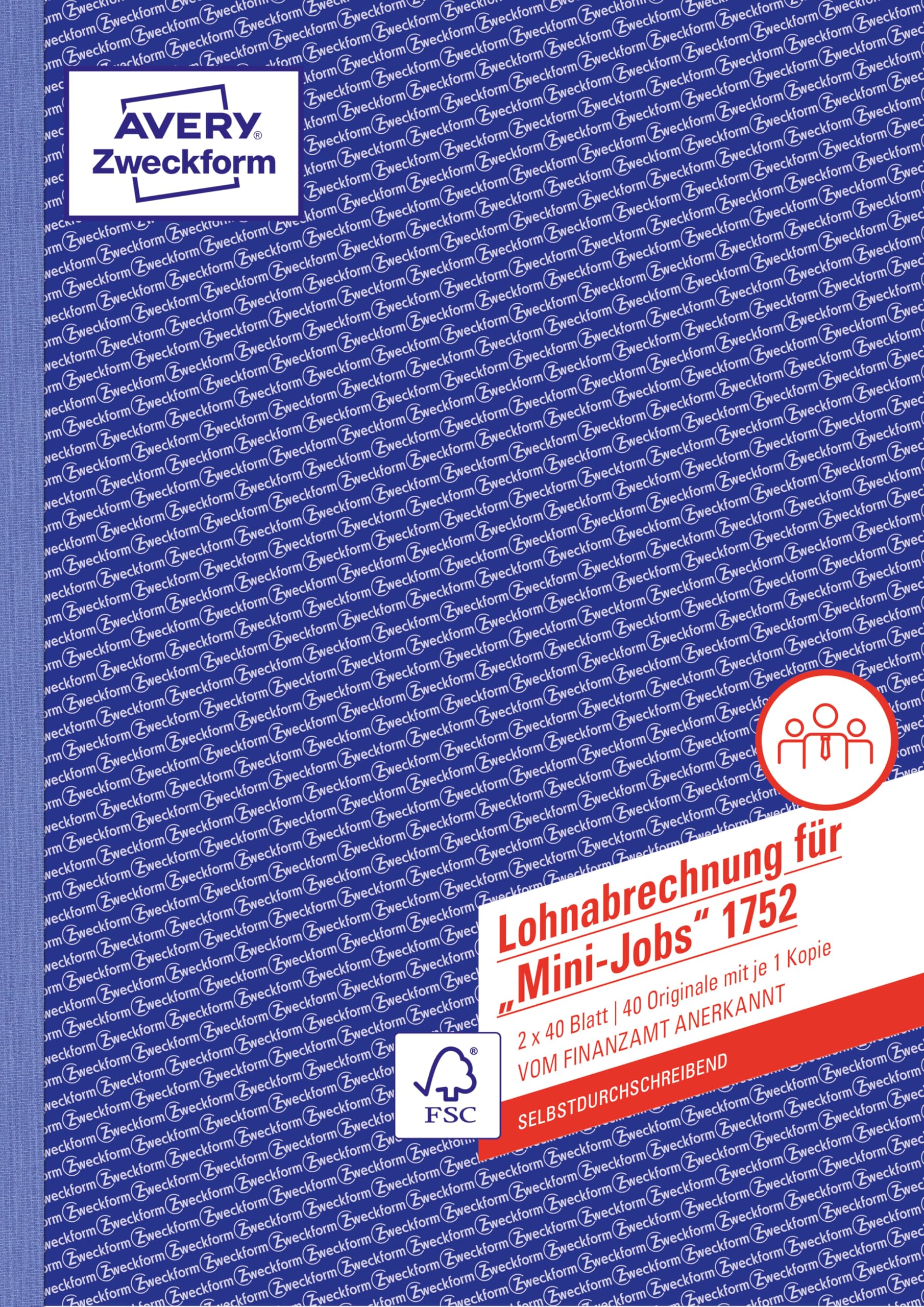 AVERY Zweckform 1752 Lohn-/Gehaltsabrechnung Mini-Job (A4, 2x40 Blatt, selbstdurchschreibend, vom Finanzamt anerkannt, für geringfügig Beschäftigte, mit Dokumentation gem. Mindestlohngesetz) weiß/gelb