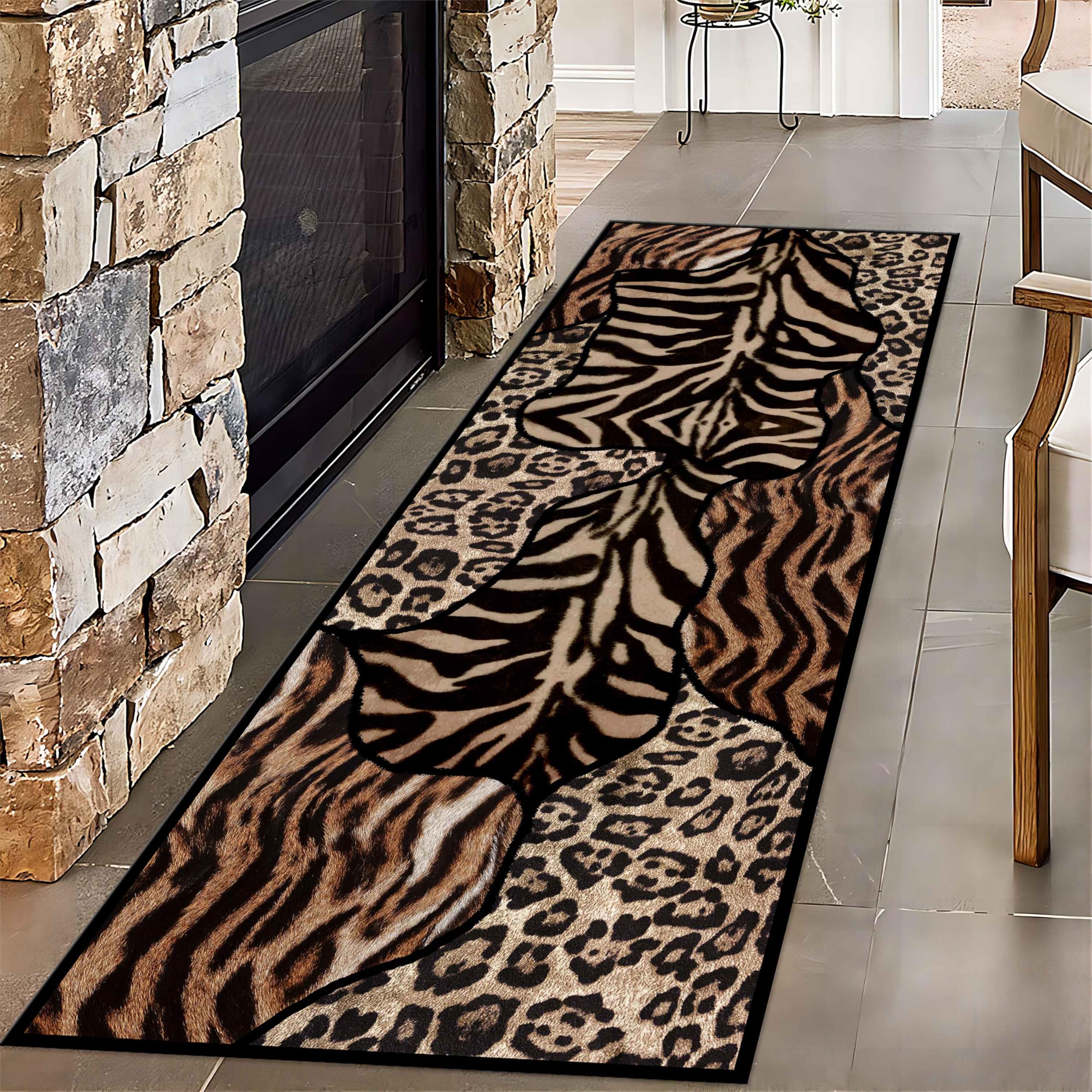 2x6ft Tiger Print Runner Rug - Non-Slip Washable Low-Pile Carpet, Vintage Animal Skin Print Rug for Hallway, Kitchen, Living Room, Bedroom & Laundry (
