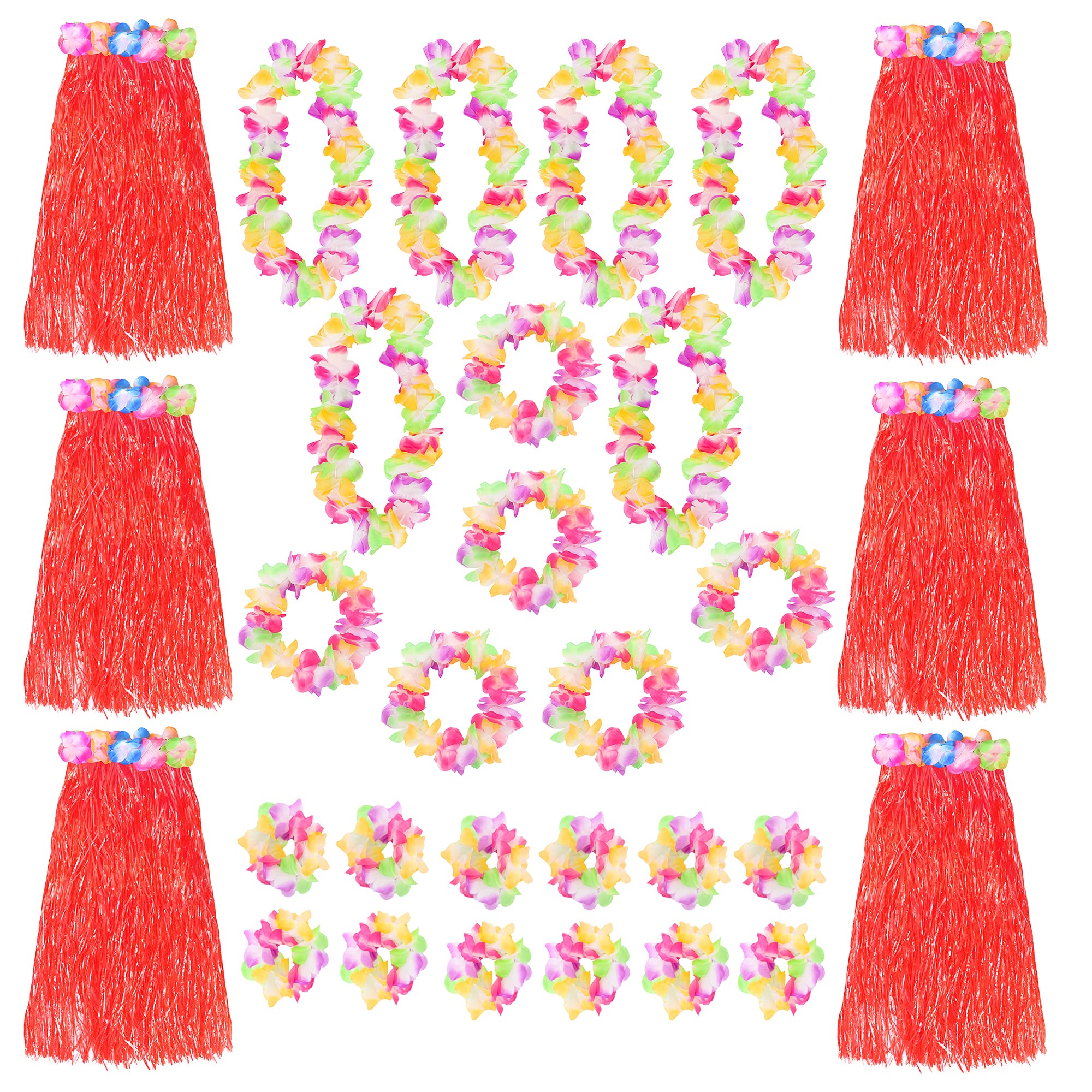 Red Hawaiian Hula Skirt and Multicoloured Lei Set X6 - Flower Necklace, Headband and Bracelet - 80cm Grass Hula - Luau - Fancy Dress Costume Accessory