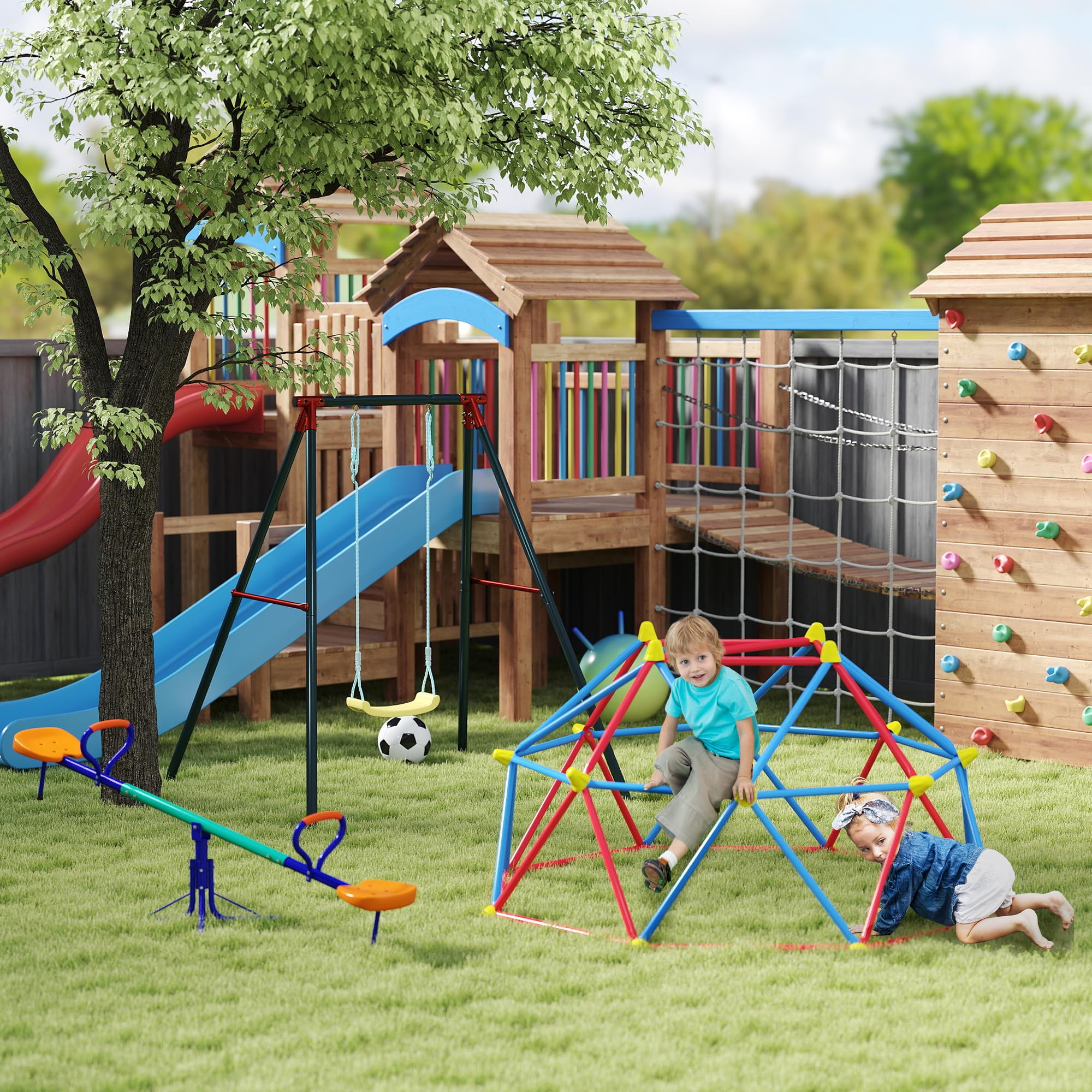 Outsunny Altalena a Bilico per Bambini 3-8 Anni 360° Rotazione Giardino Basculante Acciaio Seggiolini PP 192x60x60 cm Multicolore