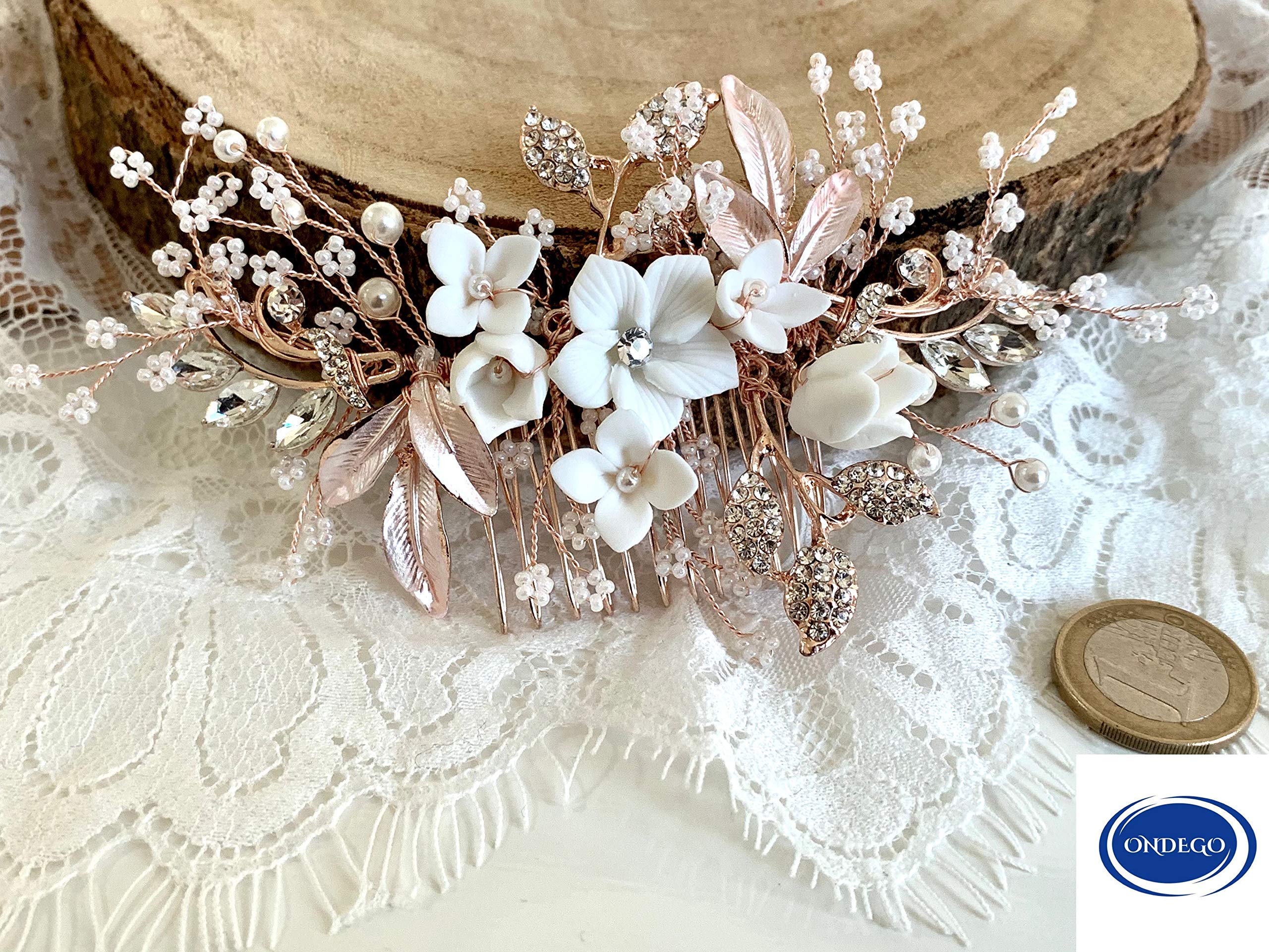 Rosegold Brauthaarschmuck Haarkamm – Handgefertigter 3D Blumen Haarschmuck mit Perlen & Strass – Leichter Haarkamm für Hochzeit Brautfrisur Festliche Anlässe