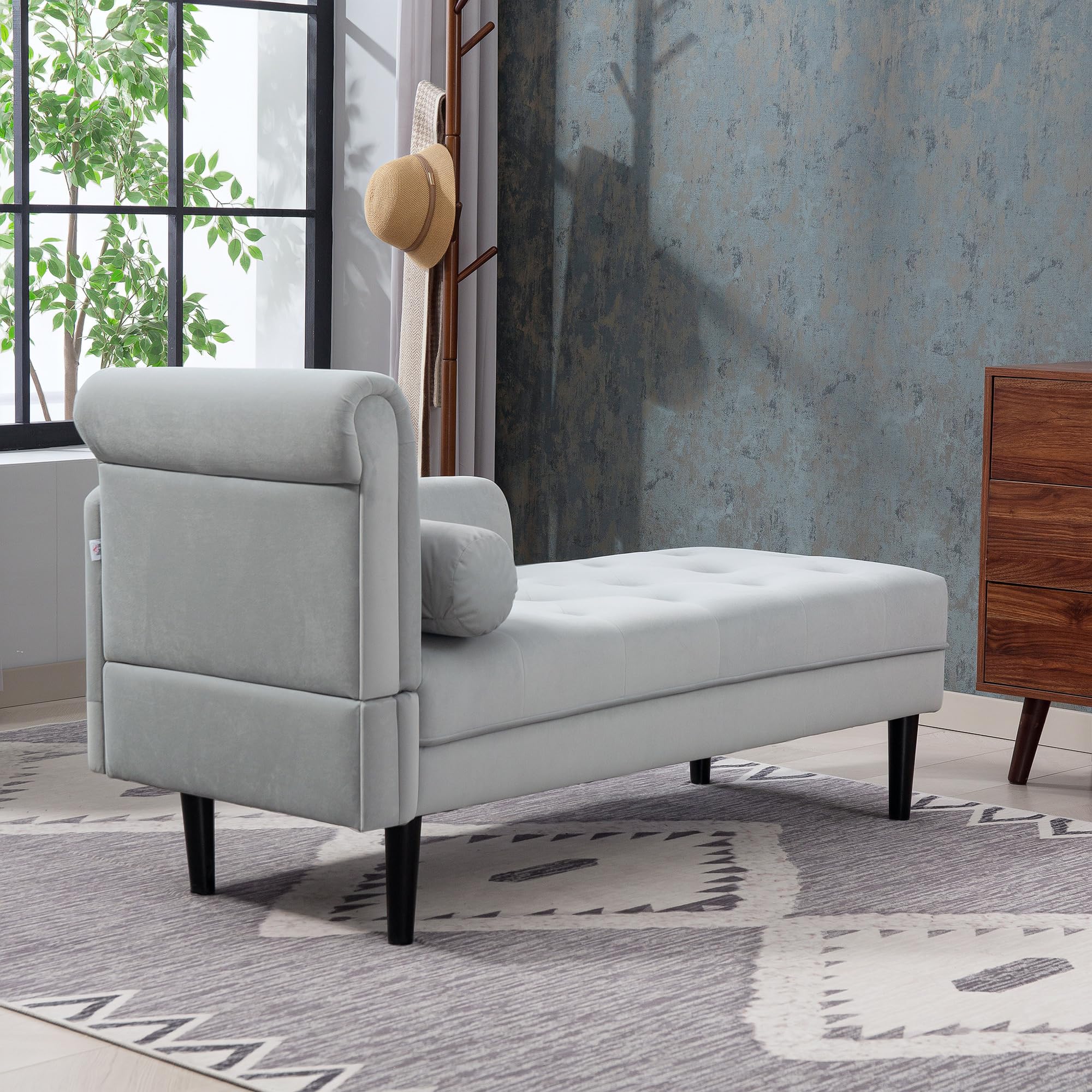 HOMCOM Chaise Longue Trapuntato con Cuscino e Bracciolo Sinistra in Velluto, Divano Imbottito, Poltrona Chaise Longue con Gambe in Legno Massello per Soggiorno, Ufficio e Salotto, Grigio