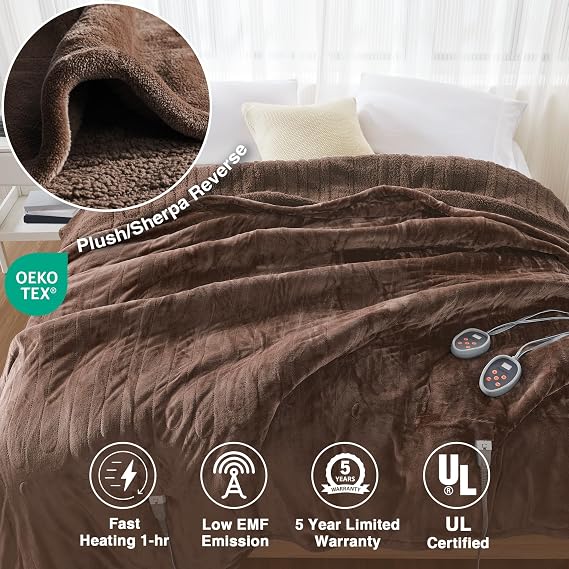 Beautyrest Heated Blanket, Electric Blanket, Soft, Warm, Reversible Plush - Sherpa Heating Blanket with 20 Heat Settings, 1-10 hrs Timer Auto Shut Off, Machine Washable, King (90 inx100 in), Chocolate