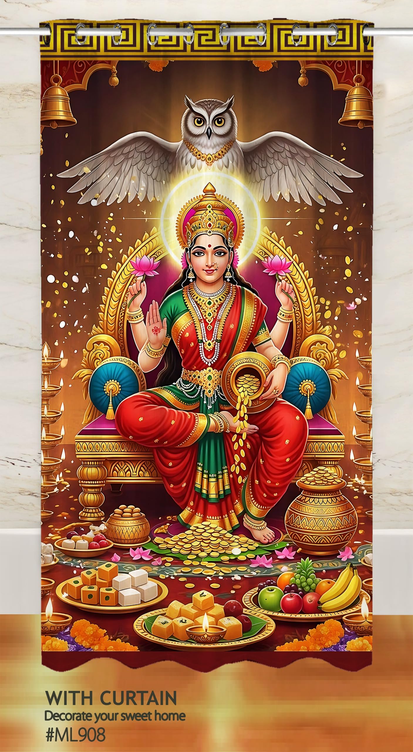 Goddess Lakshmi Printed Door Curtain for Home Entrance, Mandir Decor Curtain with Eyelets, Digital HD Polyester Fabric (ML-908-1 Panel - 4 x 7 Feet)-image-3
