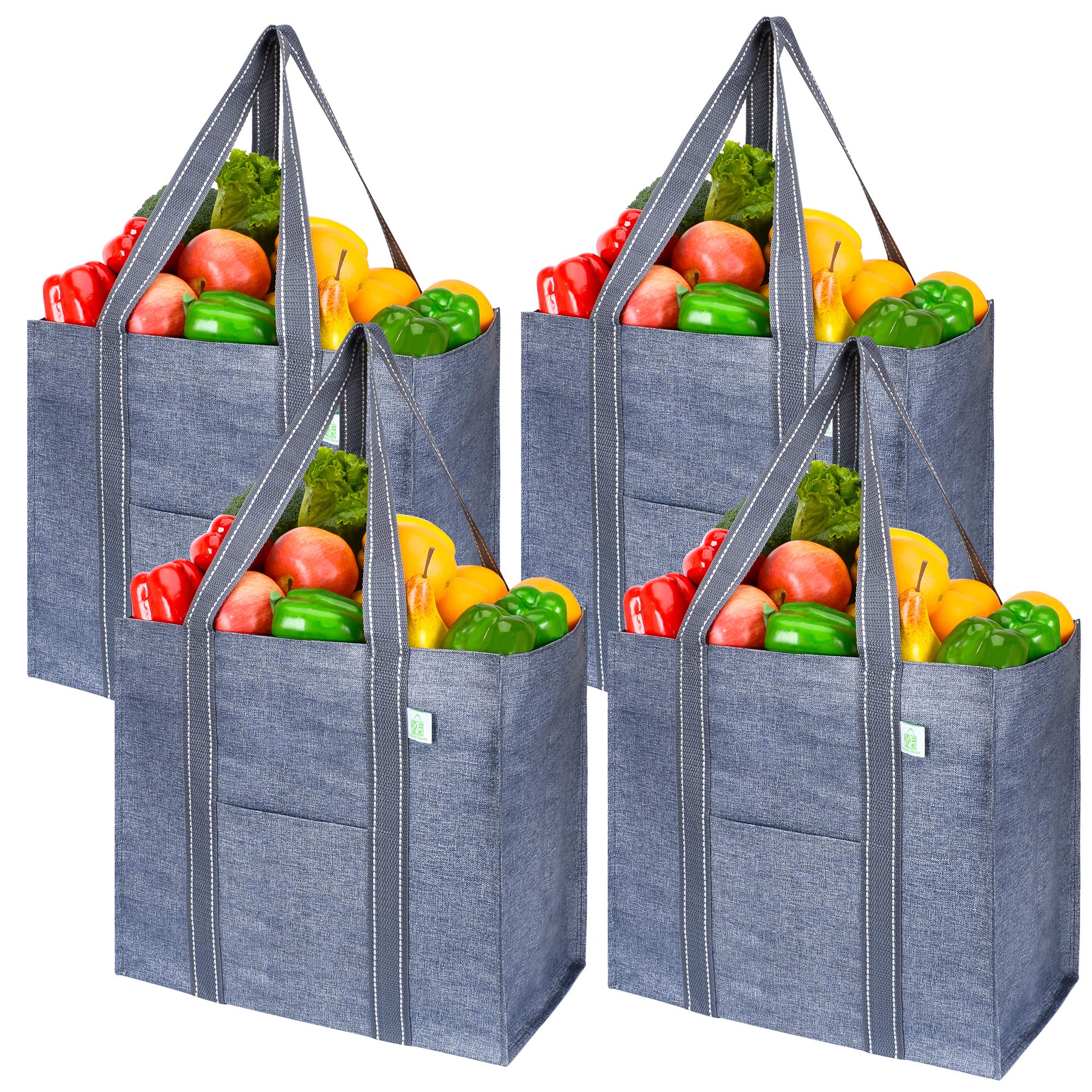Buy VENO 4 Pack Reusable Grocery Shopping Bag w/ Hard Bottom, Front