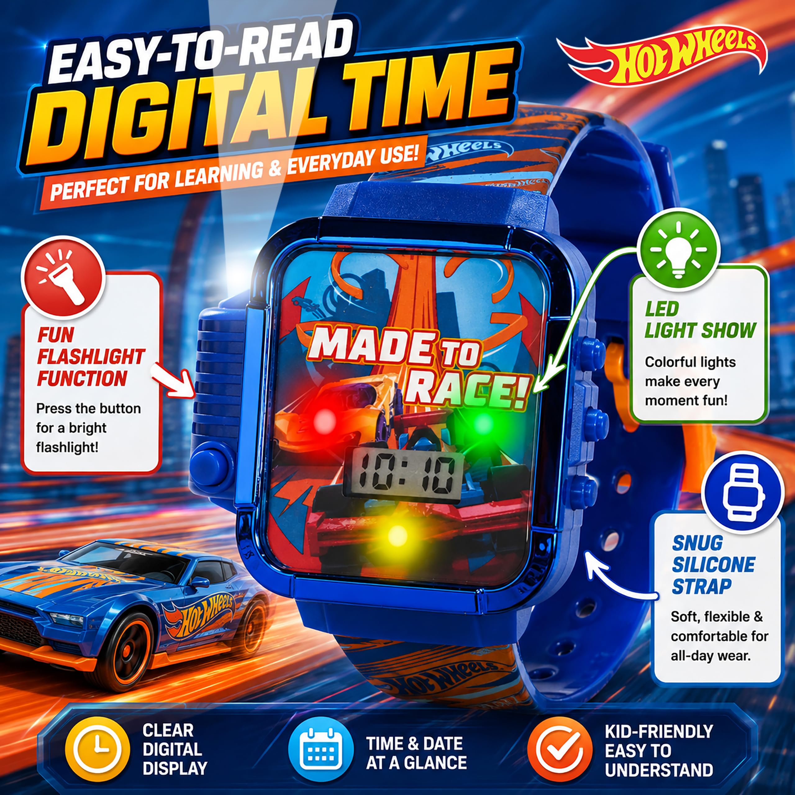 Hot Wheels Montre numérique pour Enfants avec lumière LED, Lampe de Poche | Écran LED lumineux, sangle de personnage imprimée, design résistant à l'eau et ajustement réglable pour poignets de 14 à 21,6