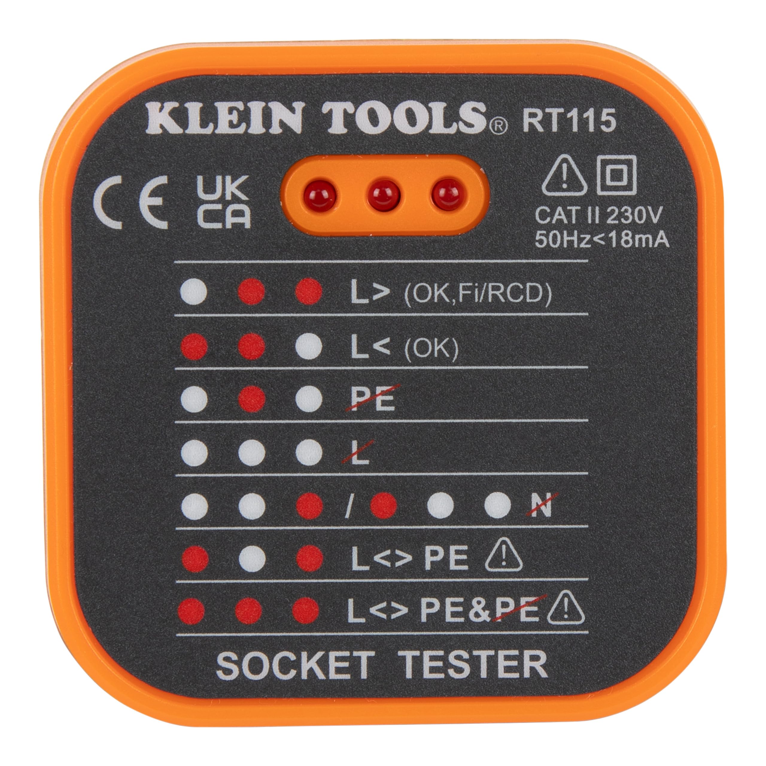 Klein Tools RT115 | Comprobador De Enchufes 230 V Estandar UE | Indicadores LED Estado De Cableado | Deteccion Errores De Conexion | CAT II 230 V