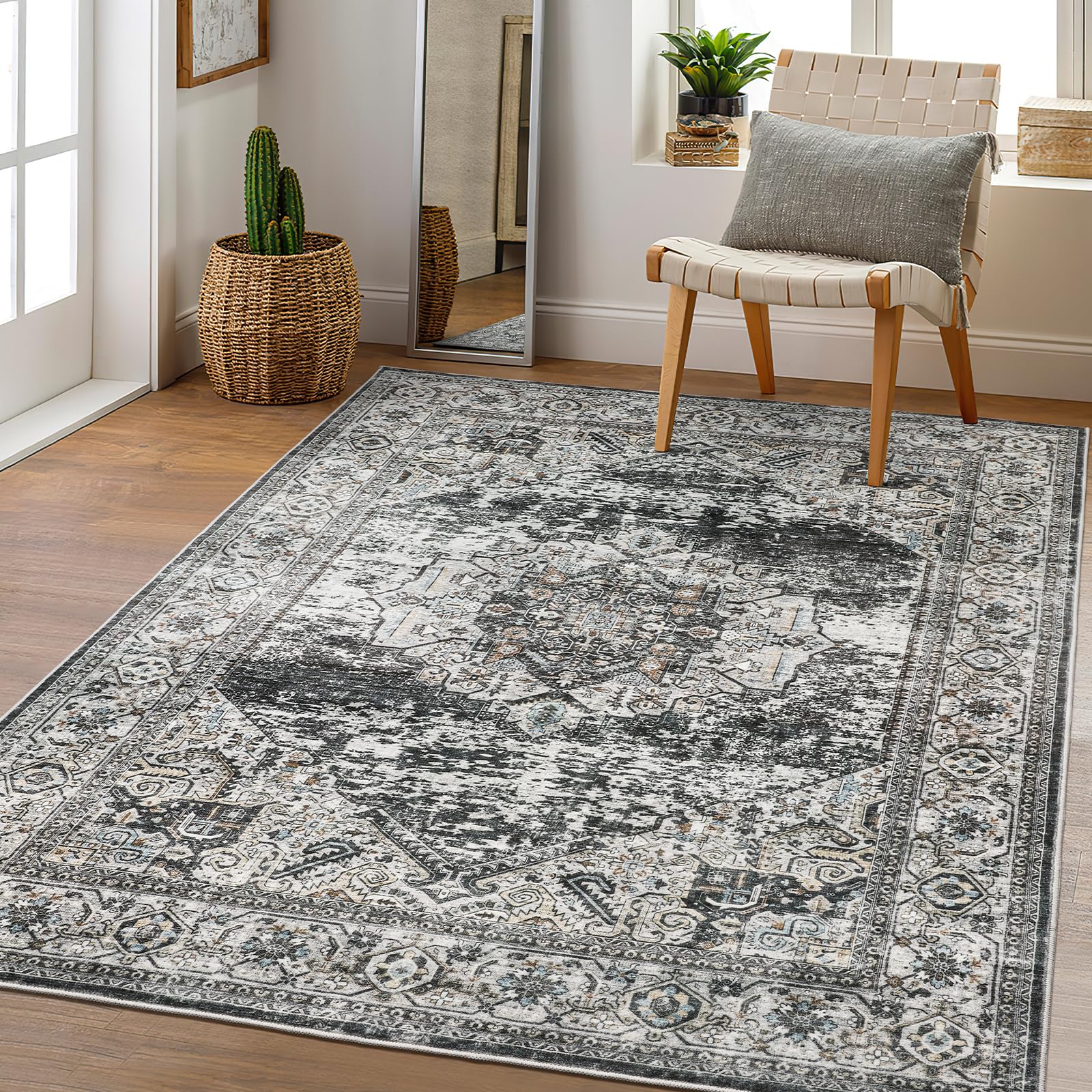 Cochyean 8x10 Area Rugs-Stain Resistant Washable Rug, Anti Slip Backing for Living Room Rug,No Shedding Large Dining Room Rugs, No Smell Vintage Printed Rug, Extra Soft Area Rug(Gray,8'x10')