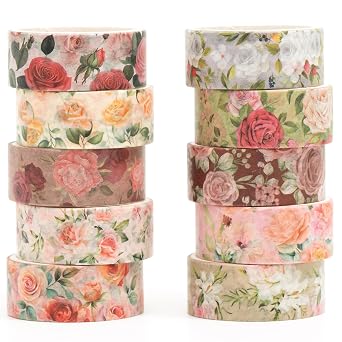 10 Rolls Blooming Flowers Washi Tape Set Floral Arts Adhesive Tapes Colorful Garden Decorative Masking Tape Sets for Craft, Kids, Scrapbook, DIY, Gift Wrapping 1-Pinky