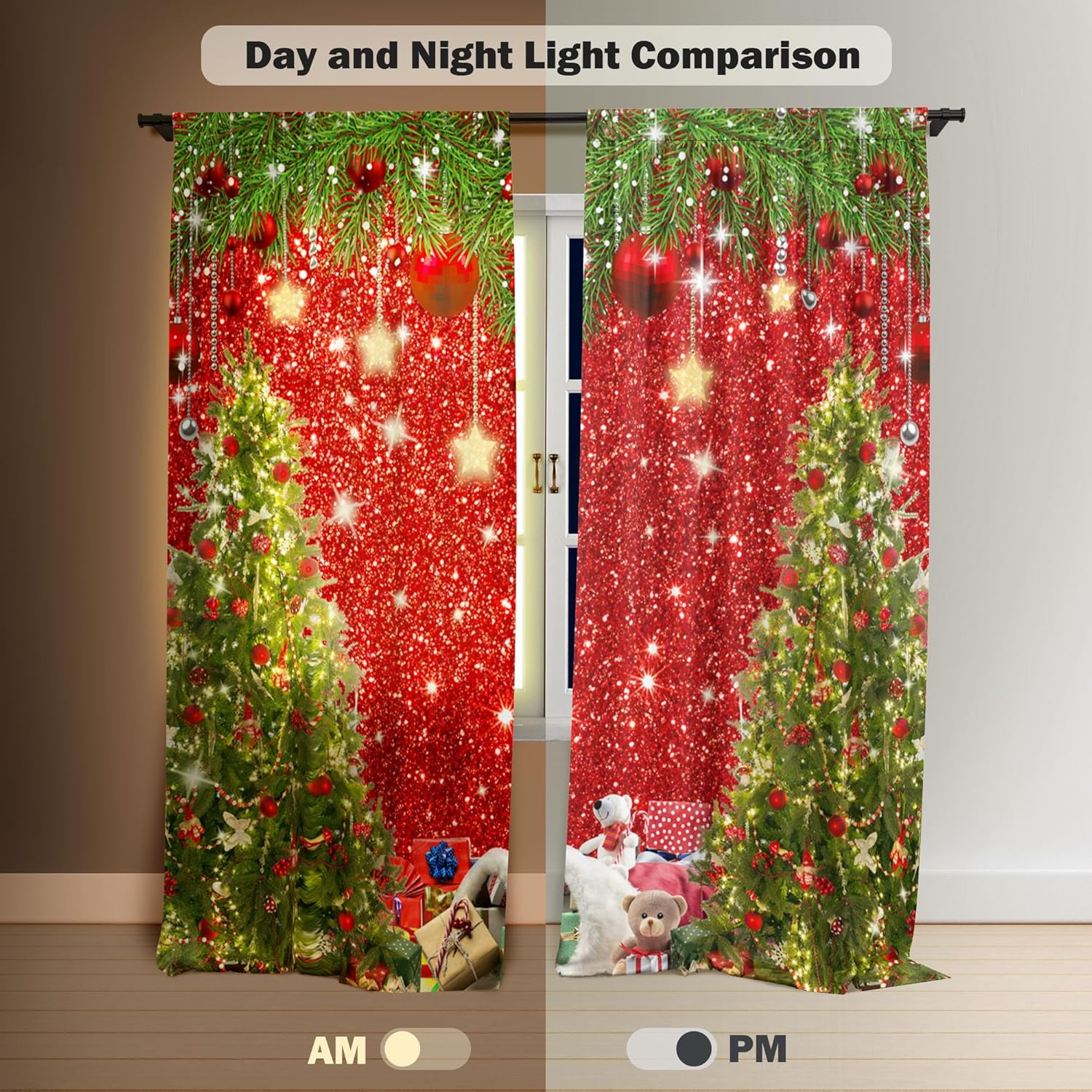 Christmas Window Curtain Glitter Red Bokeh Print Curtains for Living Room Winter Xmas Tree Curtains Home Decor Rod Pocket Darkening Drapes for Bedroom 84 in x 84 in