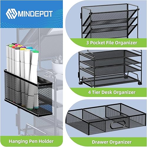 Miniatura 4 de Organizador de papel de 4 niveles + soporte para archivos de 3 bolsillos + cajón + soportes para bolígrafos, organizador de archivos de escritorio