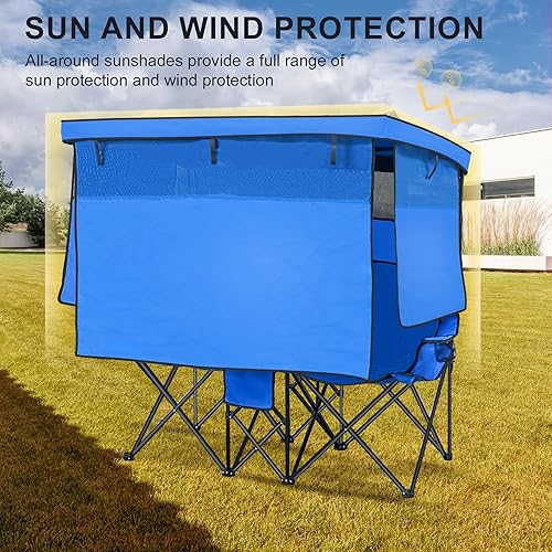 Miniatura 4 de Silla de playa doble con toldo y sillas de camping resistentes con portavasos plegable para césped exterior