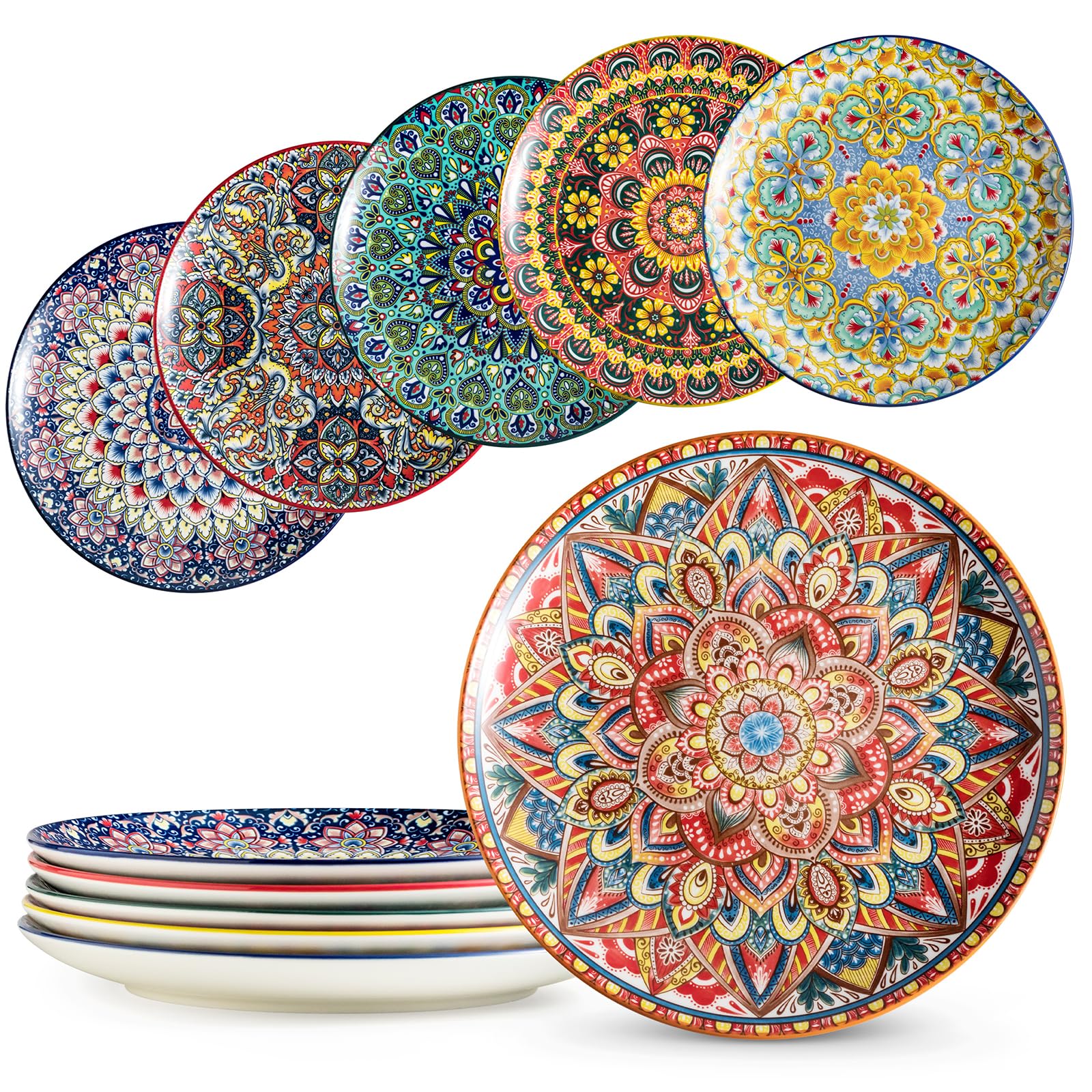 Juego de 6 platos llanos, platos grandes de ensalada de postre de 10.5 pulgadas para pasta, filetes, aperitivos, platos de porcelana colorida para servir cocina y fiesta, vajilla moderna -