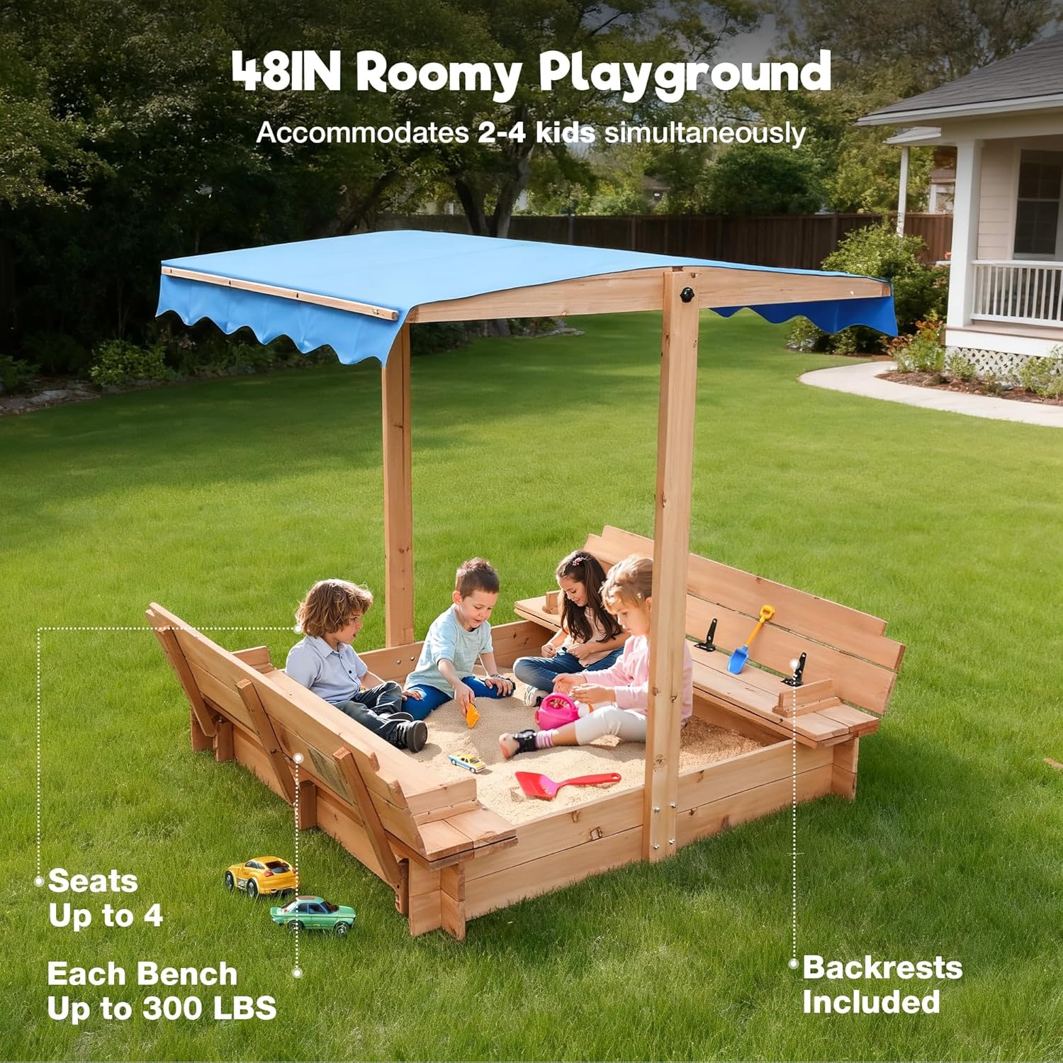 FUNTOK 48''x48'' Kids Sandbox with Lid, Wooden Sand Box with Foldable Bench Seats, Rotatable Canopy, UV-Protection, 300 Lbs Weight Capacity, for Backyard, Patio, Outdoor Play